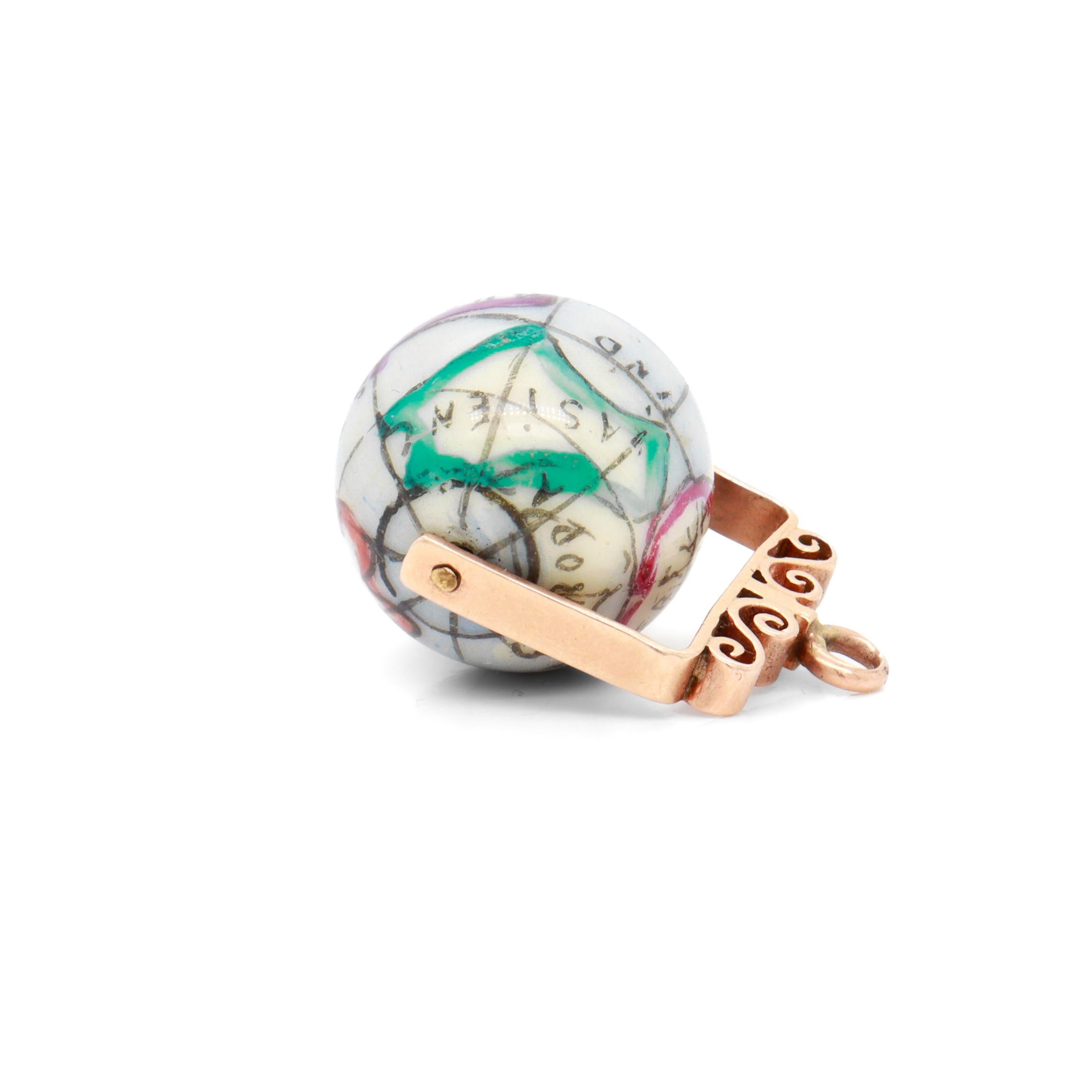 Antique 10K Rose Gold & Porcelain Globe / World Map Spinner Charm or Pendant For Sale 10