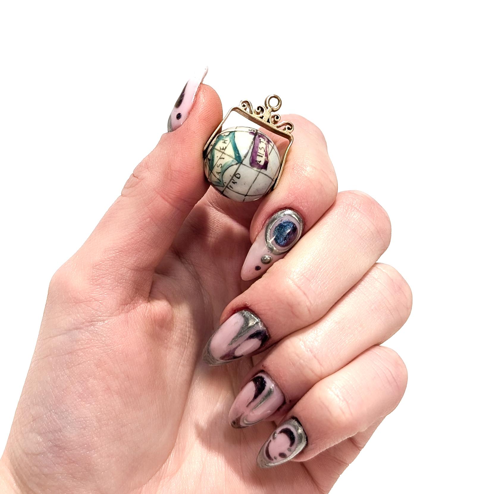 Women's Antique 10K Rose Gold & Porcelain Globe / World Map Spinner Charm or Pendant For Sale