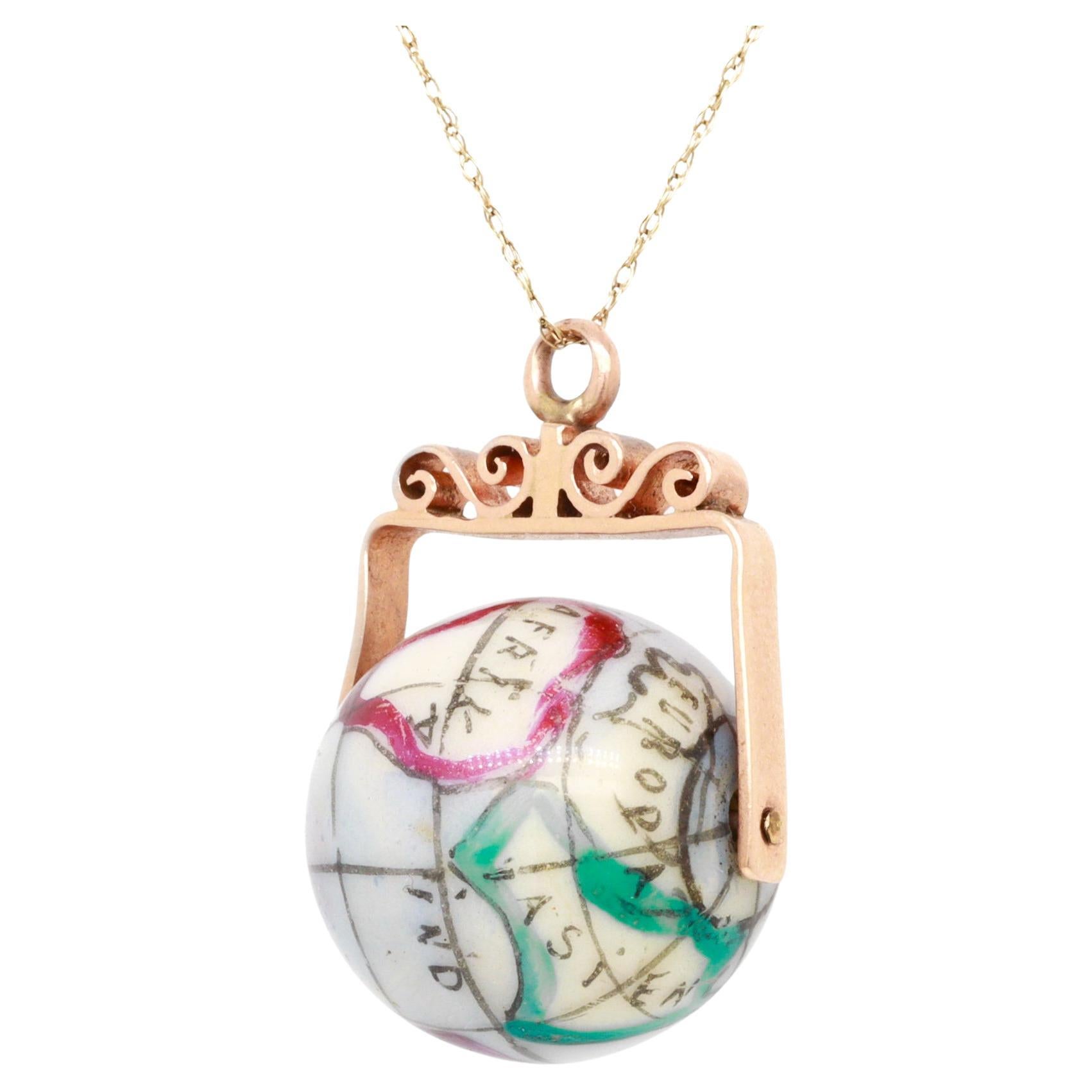 Antique 10K Rose Gold & Porcelain Globe / World Map Spinner Charm or Pendant For Sale 2