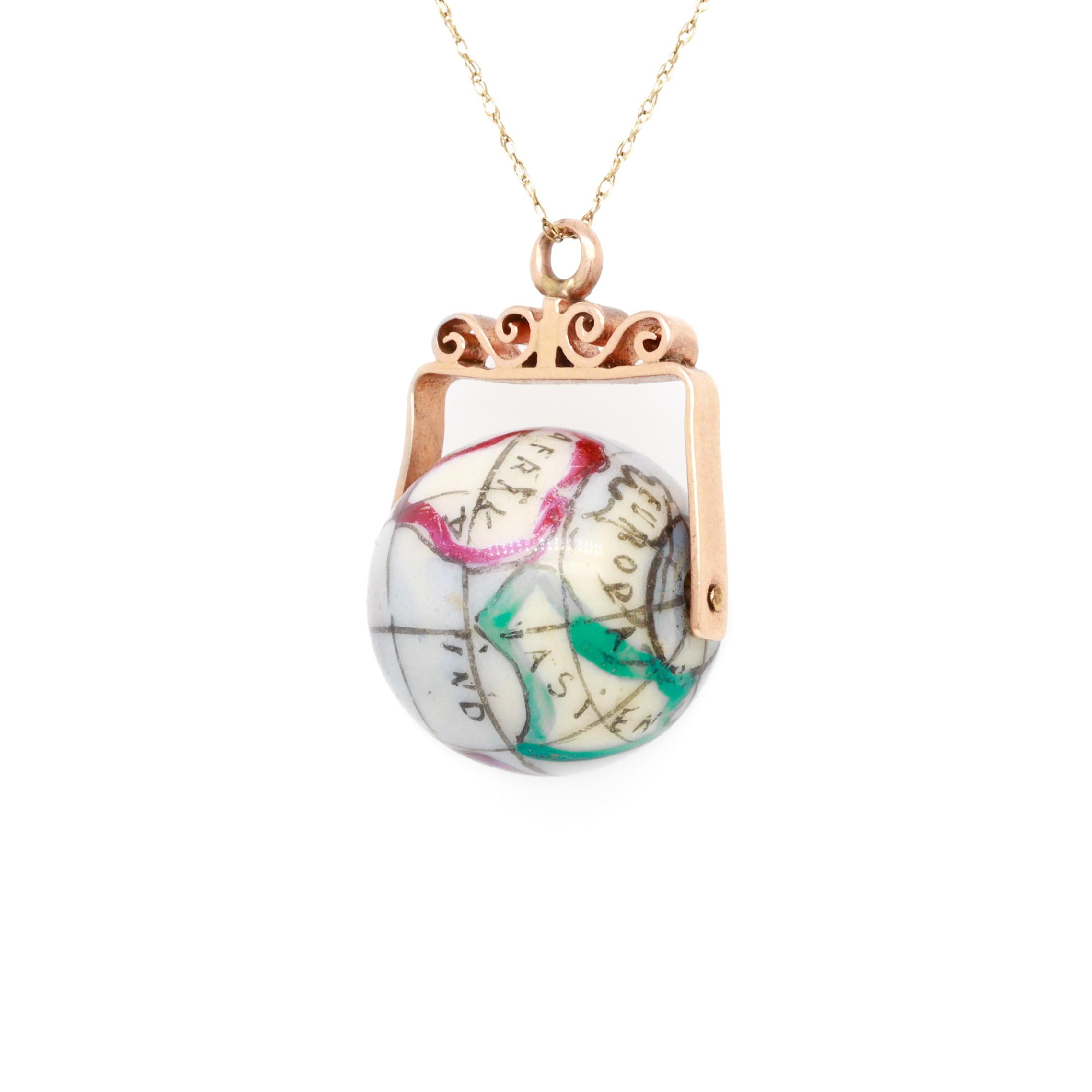 Antique 10K Rose Gold & Porcelain Globe / World Map Spinner Charm or Pendant For Sale 3