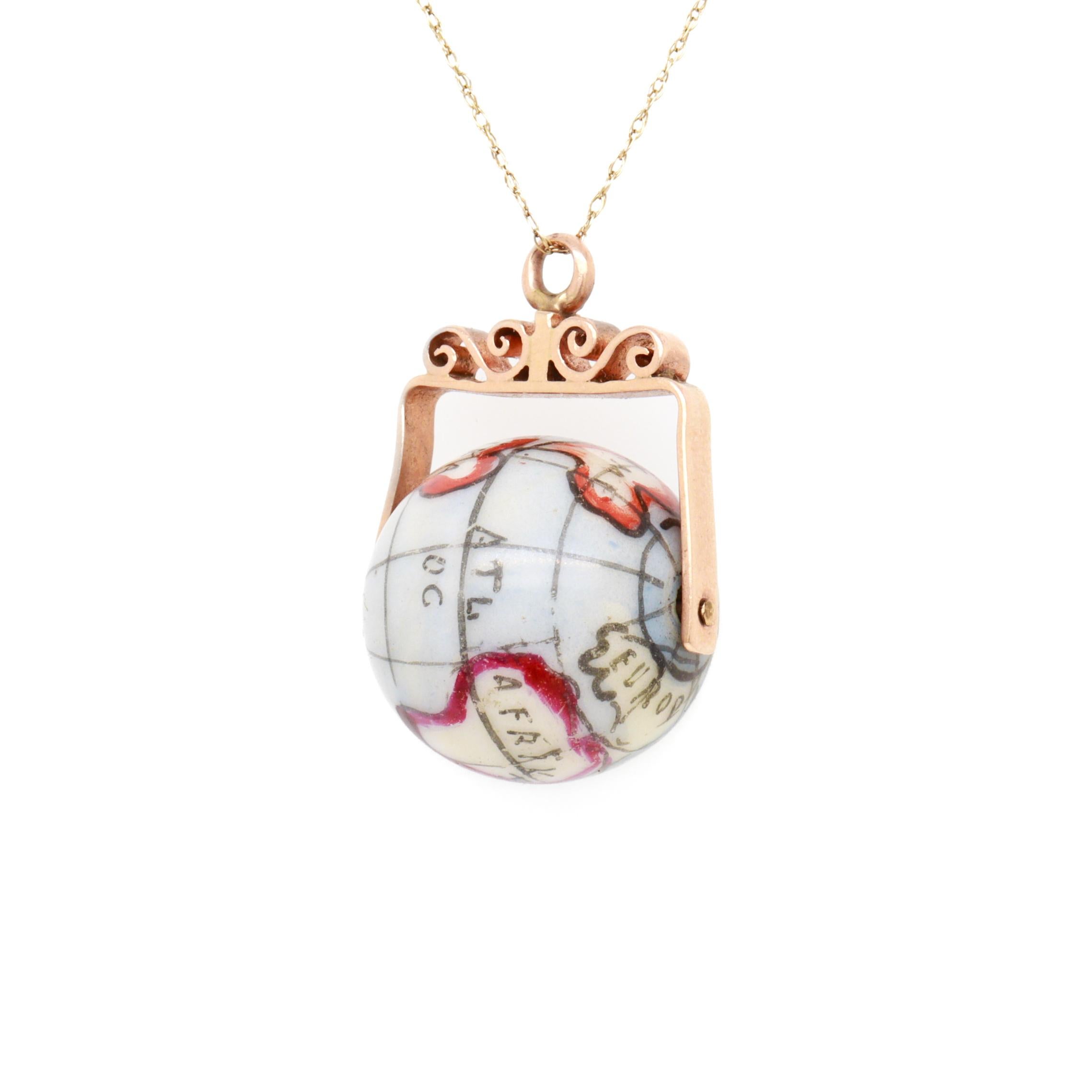 Antique 10K Rose Gold & Porcelain Globe / World Map Spinner Charm or Pendant For Sale 4