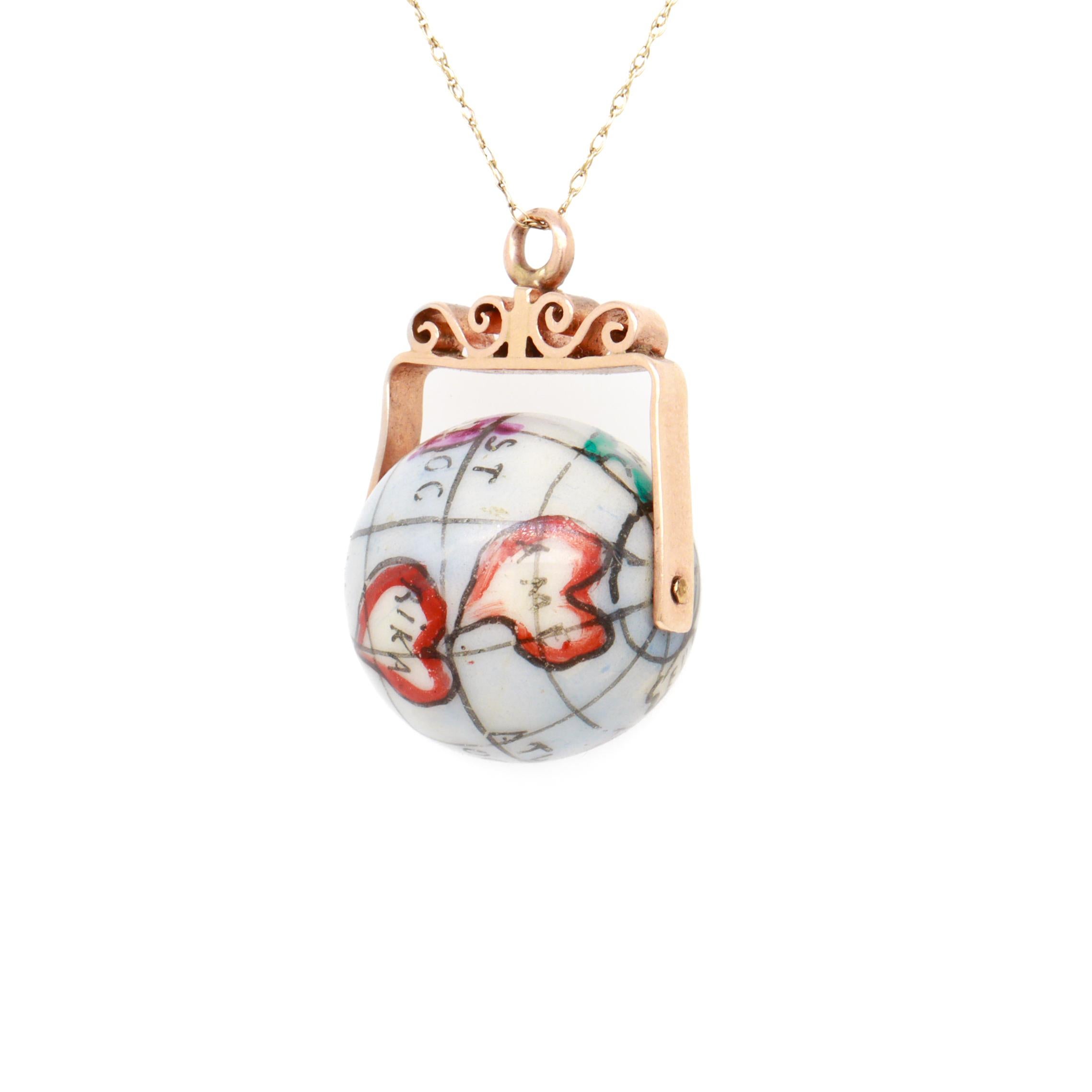 Antique 10K Rose Gold & Porcelain Globe / World Map Spinner Charm or Pendant For Sale 5