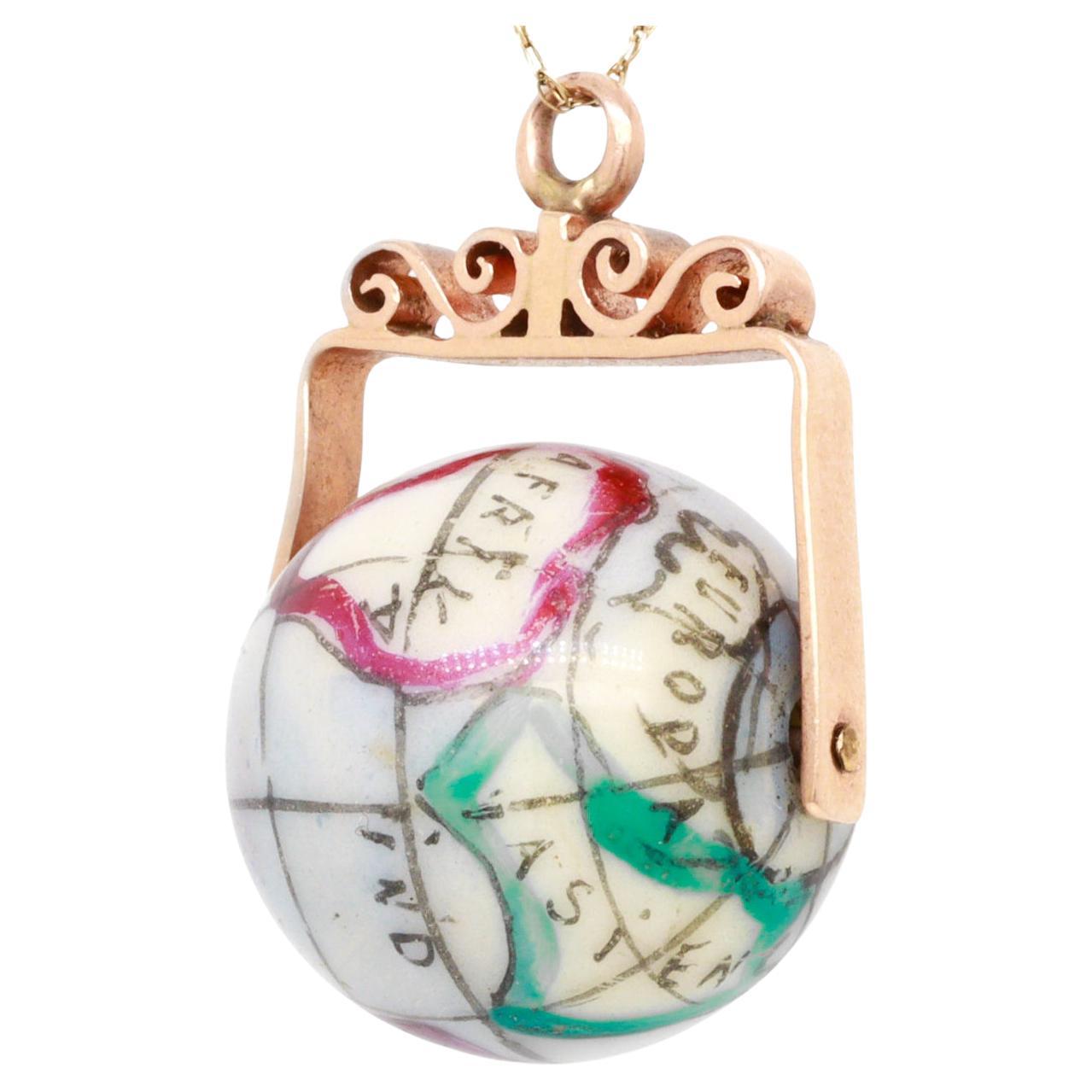 Antique 10K Rose Gold & Porcelain Globe / World Map Spinner Charm or Pendant For Sale
