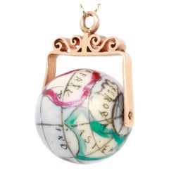 Antique 10K Rose Gold & Porcelain Globe / World Map Spinner Charm or Pendant