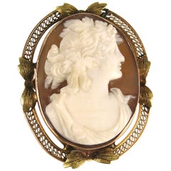 Antique 10K Rose Gold Shell Cameo Brooch Pendant, Circa 1900s