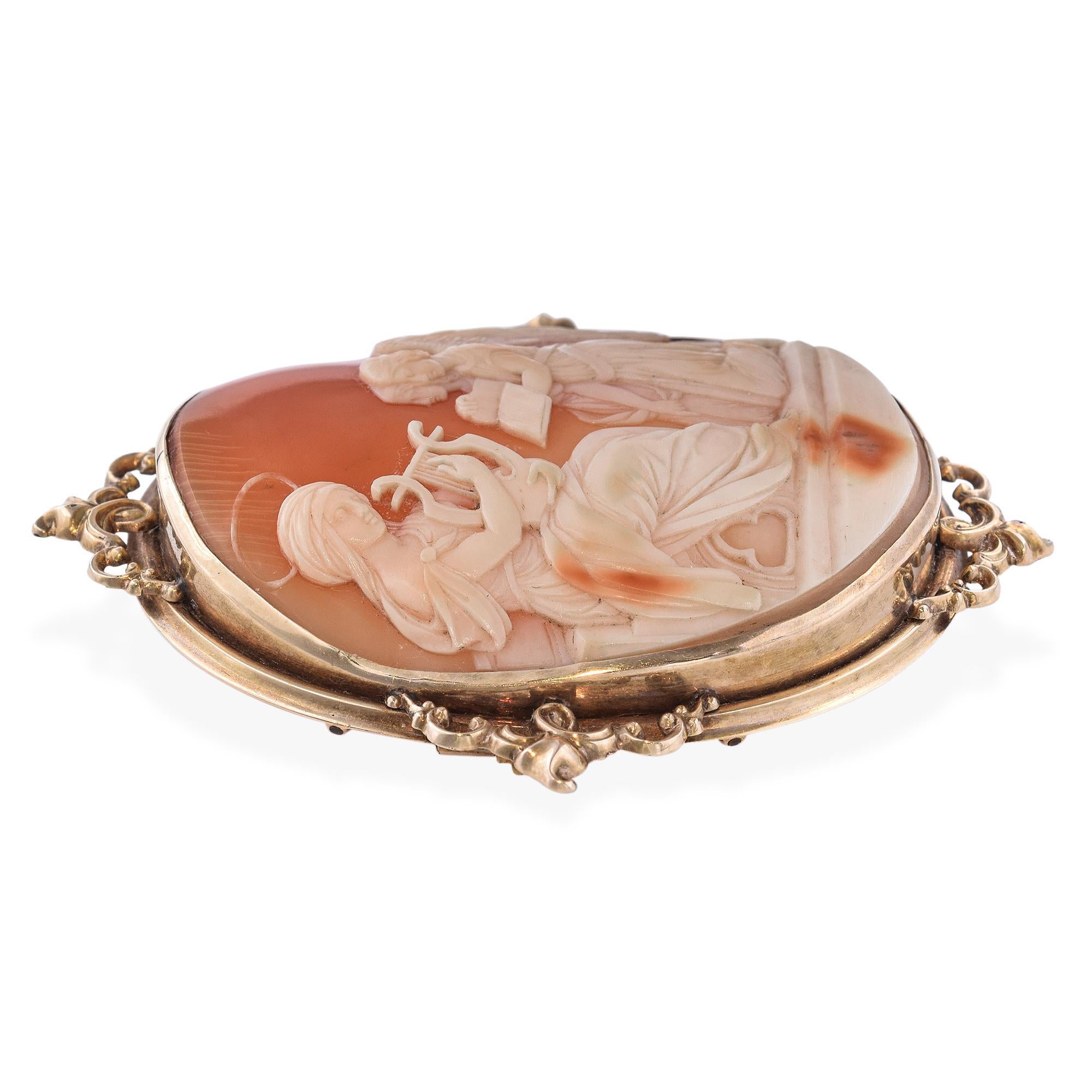 Antique 10k Saint Playing Music Cameo Brooch In Good Condition For Sale In New York, NY