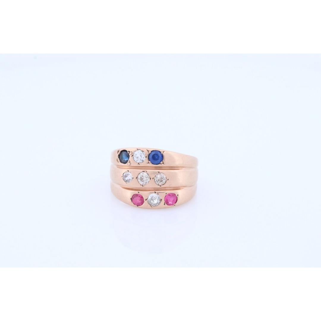 Bague ancienne à triple anneau de 10 carats, rubis, saphir et diamant. Diamant tzigane serti dans Unisexe en vente