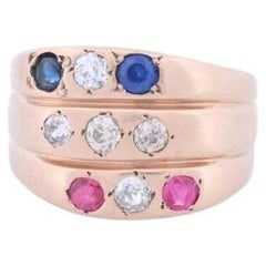 Antique 10k Triple Band Ruby Sapphire Diamond ring. Gypsy Diamond bezel set into
