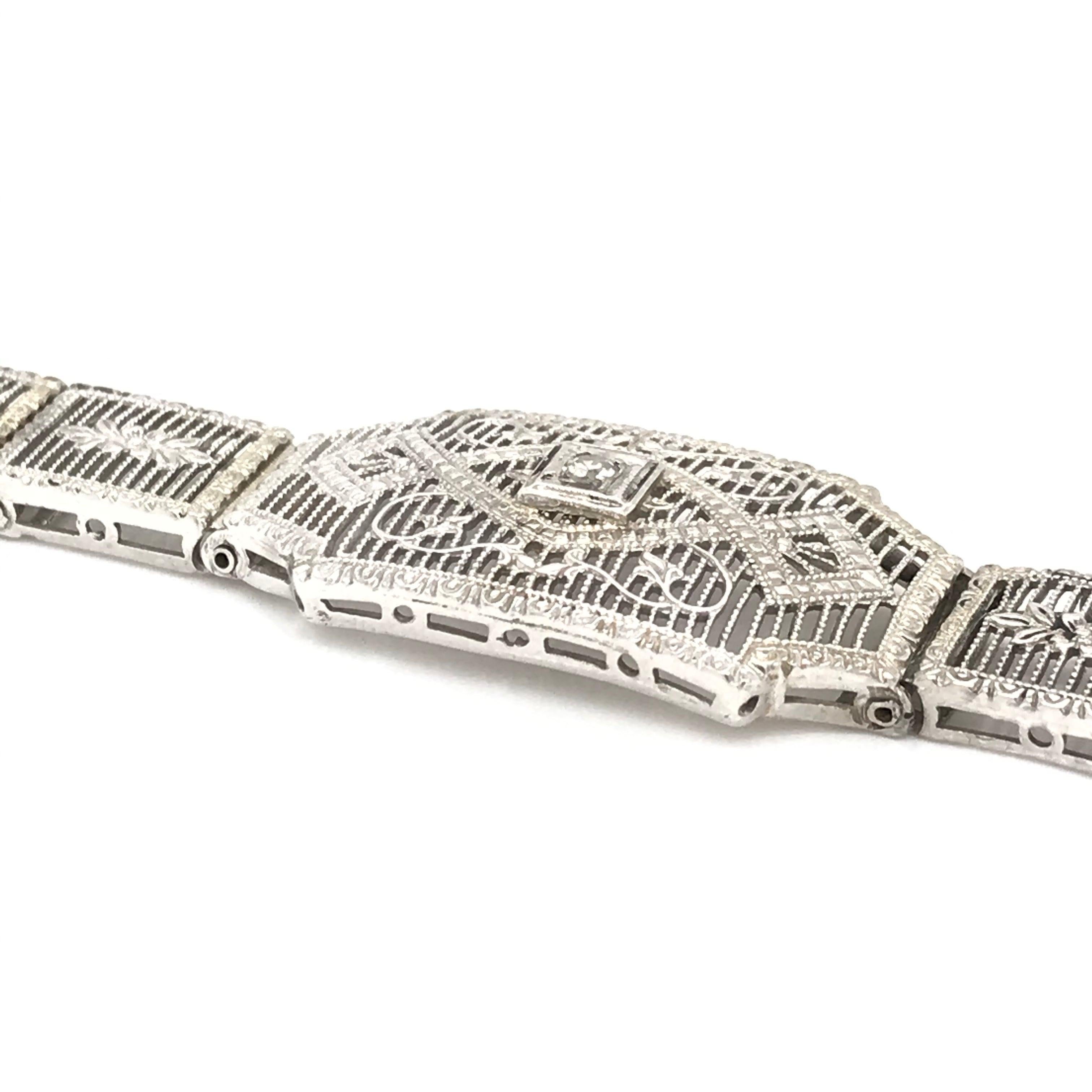 Art Deco Antique 10k White Gold Filigree Bracelet For Sale