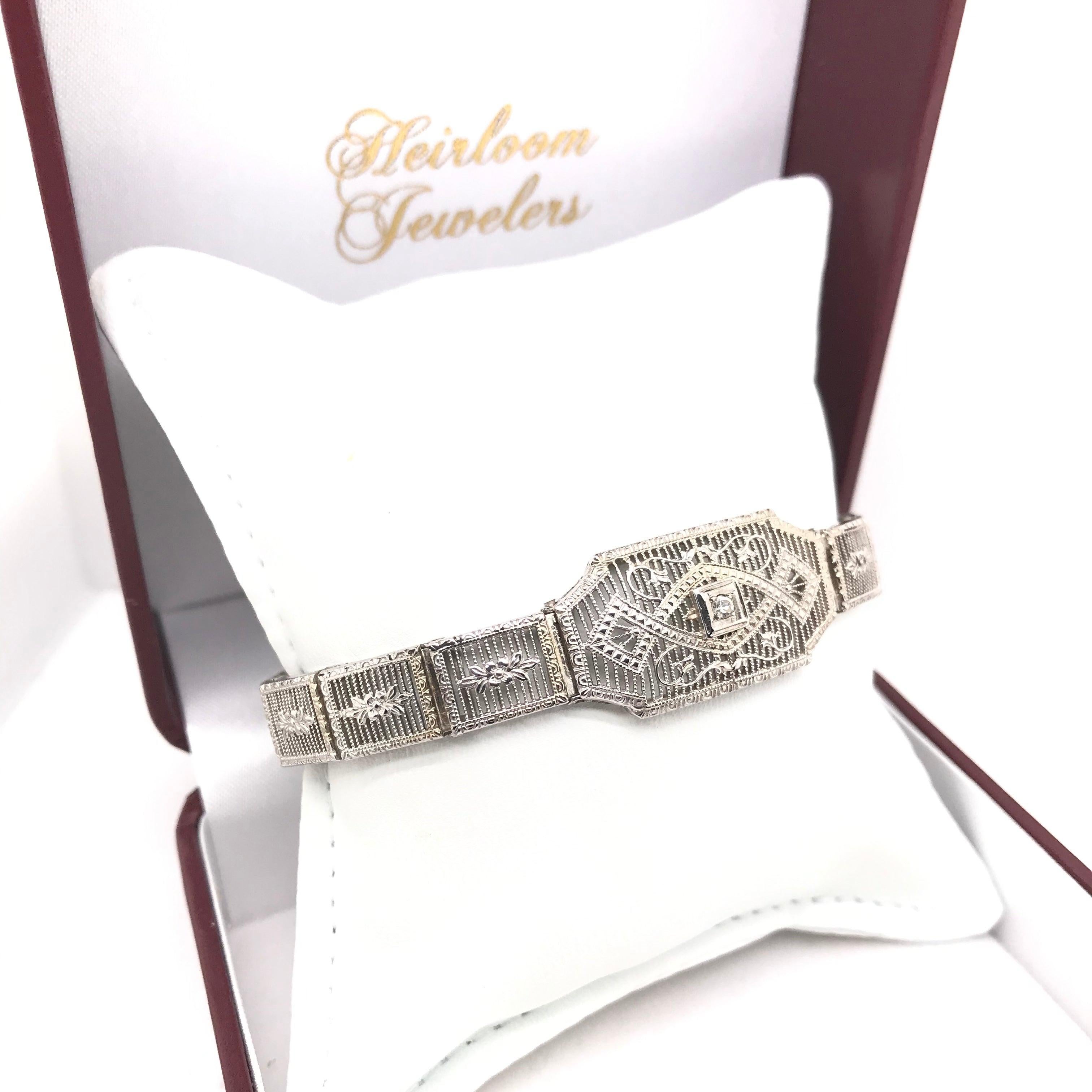 Single Cut Antique 10k White Gold Filigree Bracelet For Sale