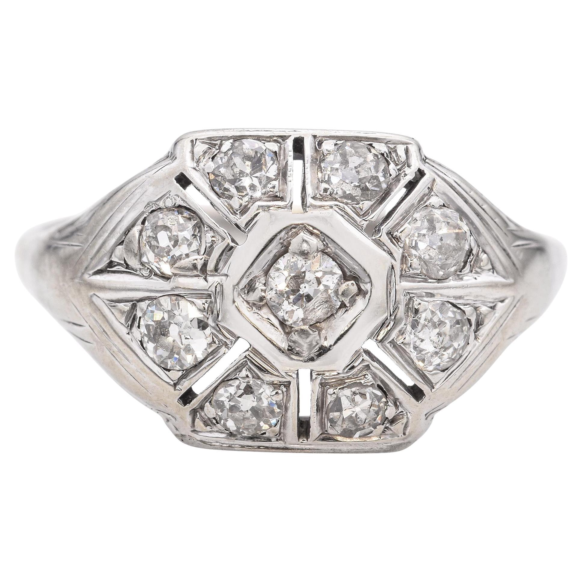 Antique 10k White Gold Old European Cut Diamond Ring