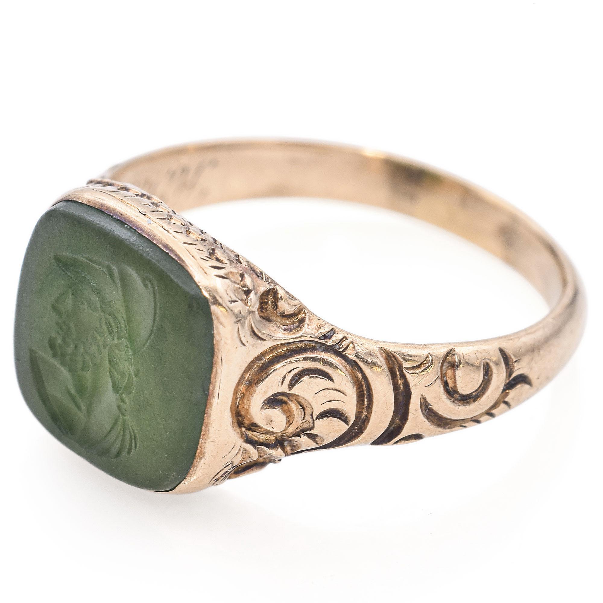 Uncut Antique 10K Yellow Gold 2 Ct Jade Carved Intaglio Ring For Sale