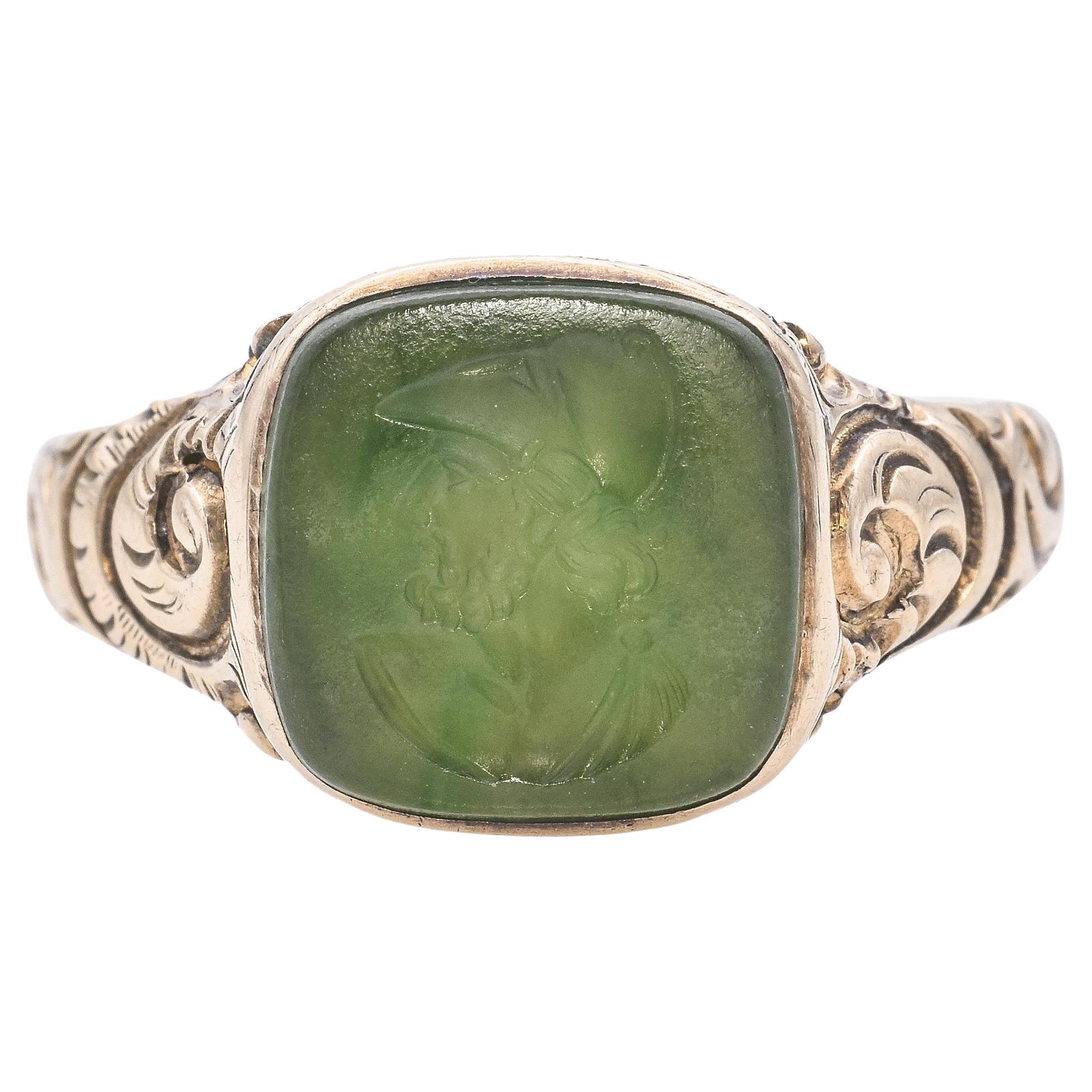 Antique 10K Yellow Gold 2 Ct Jade Carved Intaglio Ring