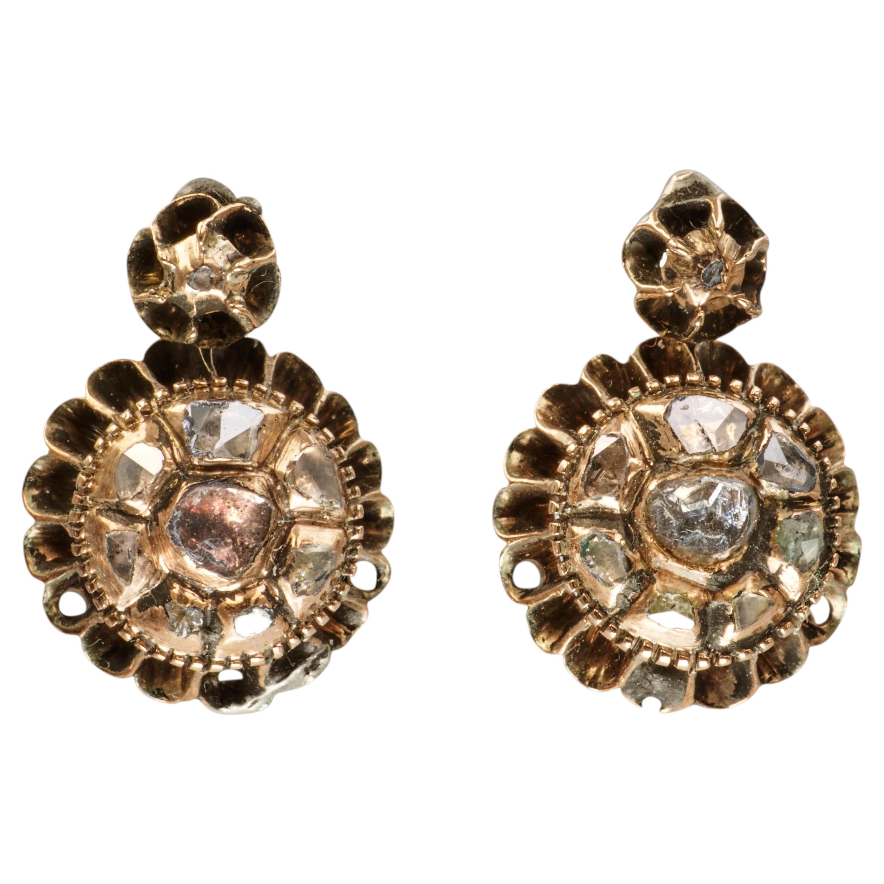 Antique 10k Yellow Gold and Silver Polki Cut Diamond Earrings