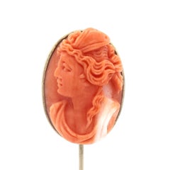 Antique 10k Yellow Gold Carved Coral Detailed Cameo Portrait Stick Pin