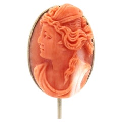 Antique 10k Yellow Gold Carved Coral Detailed Cameo Portrait Stick Pin