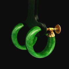 Antique 10k Yellow Gold Chinese Green Jade Huggie Cuff Screw Back Earrings