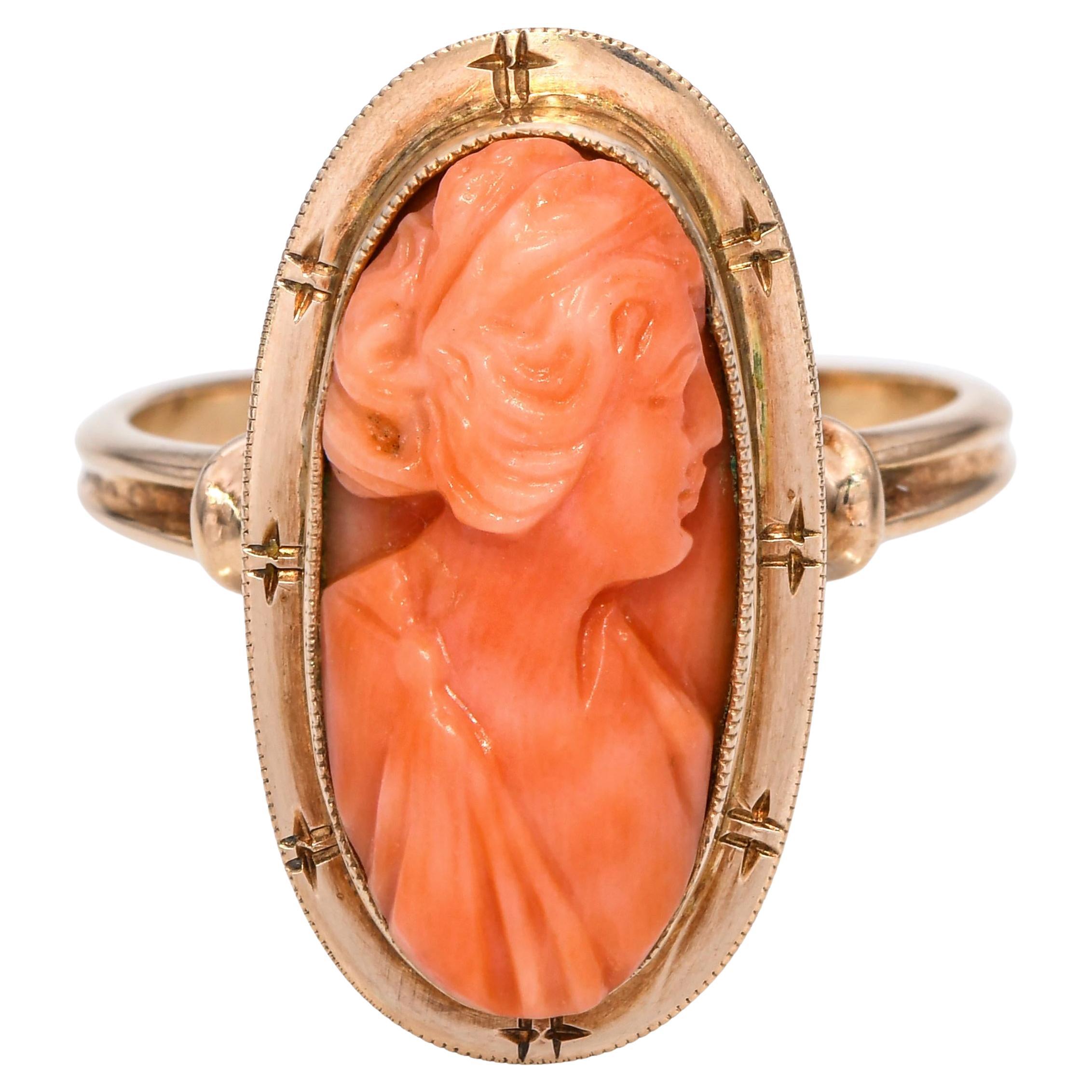 Antique 10k Yellow Gold Coral Cameo Ring