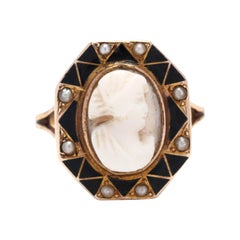 Antique 10K Yellow Gold, Coral Cameo, Seed Pearl & Enamel Ring
