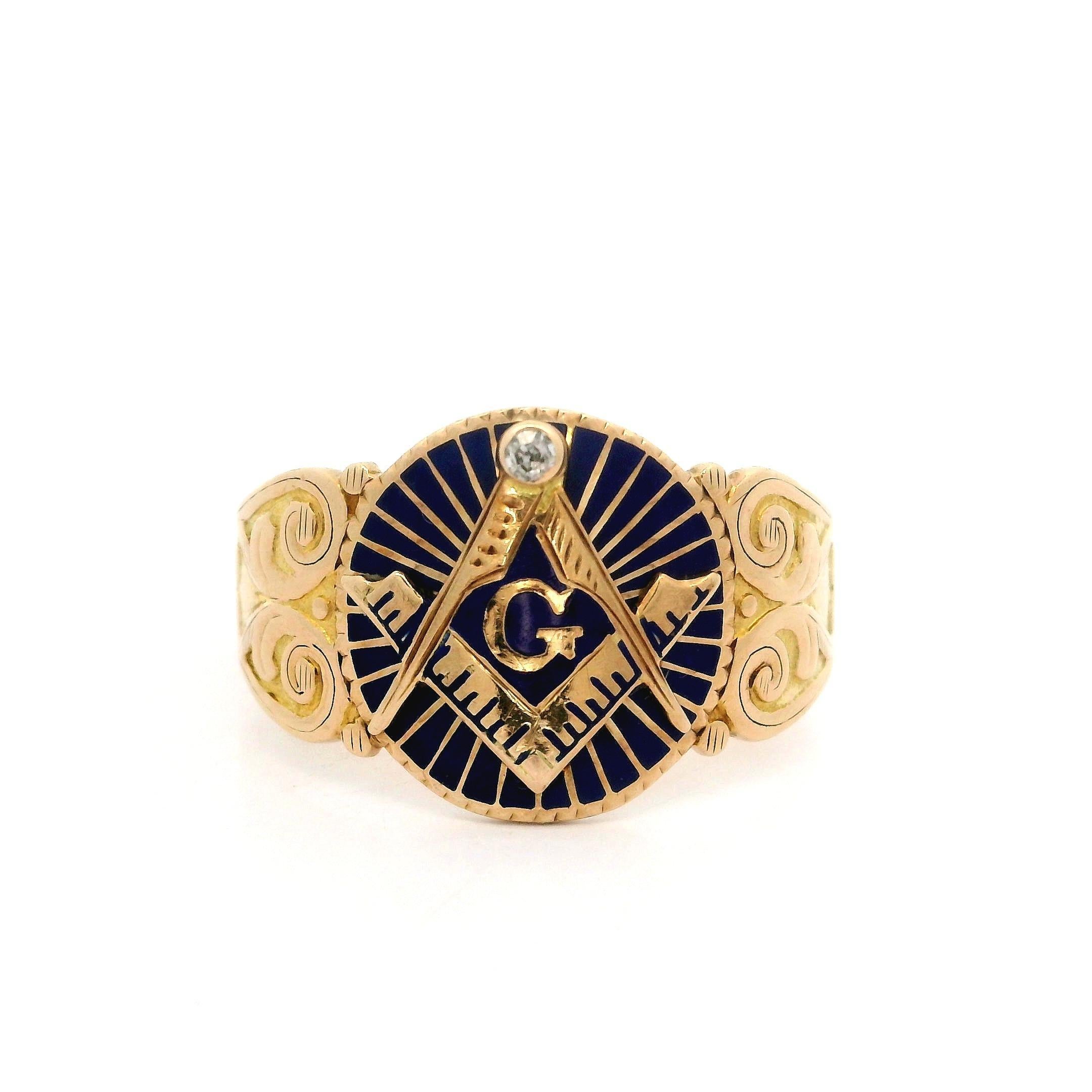 The Enamel is bright Blue In person
--Stone(s):--
(1) Natural Genuine Diamond - Old Round Cut - Bezel Set - White Color - 1.7mm (approx.)

Material: Solid 10k Yellow Gold w/ Blue Enamel Work
Weight: 4.93 Grams
Ring Size: 9.5 (We can custom size this