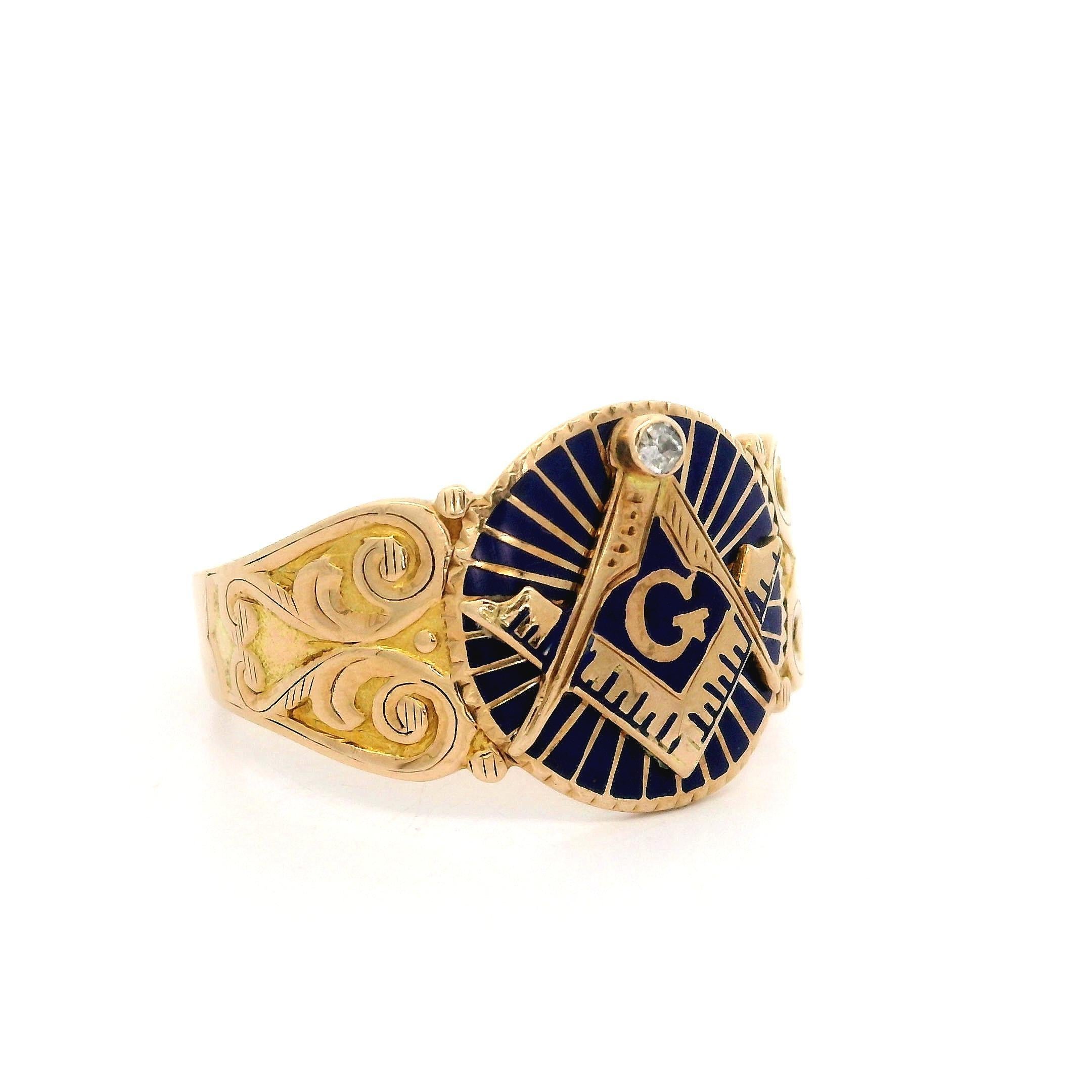 Round Cut Antique 10k Yellow Gold Diamond Blue Enamel Scroll Work Masonic Low Profile Ring For Sale
