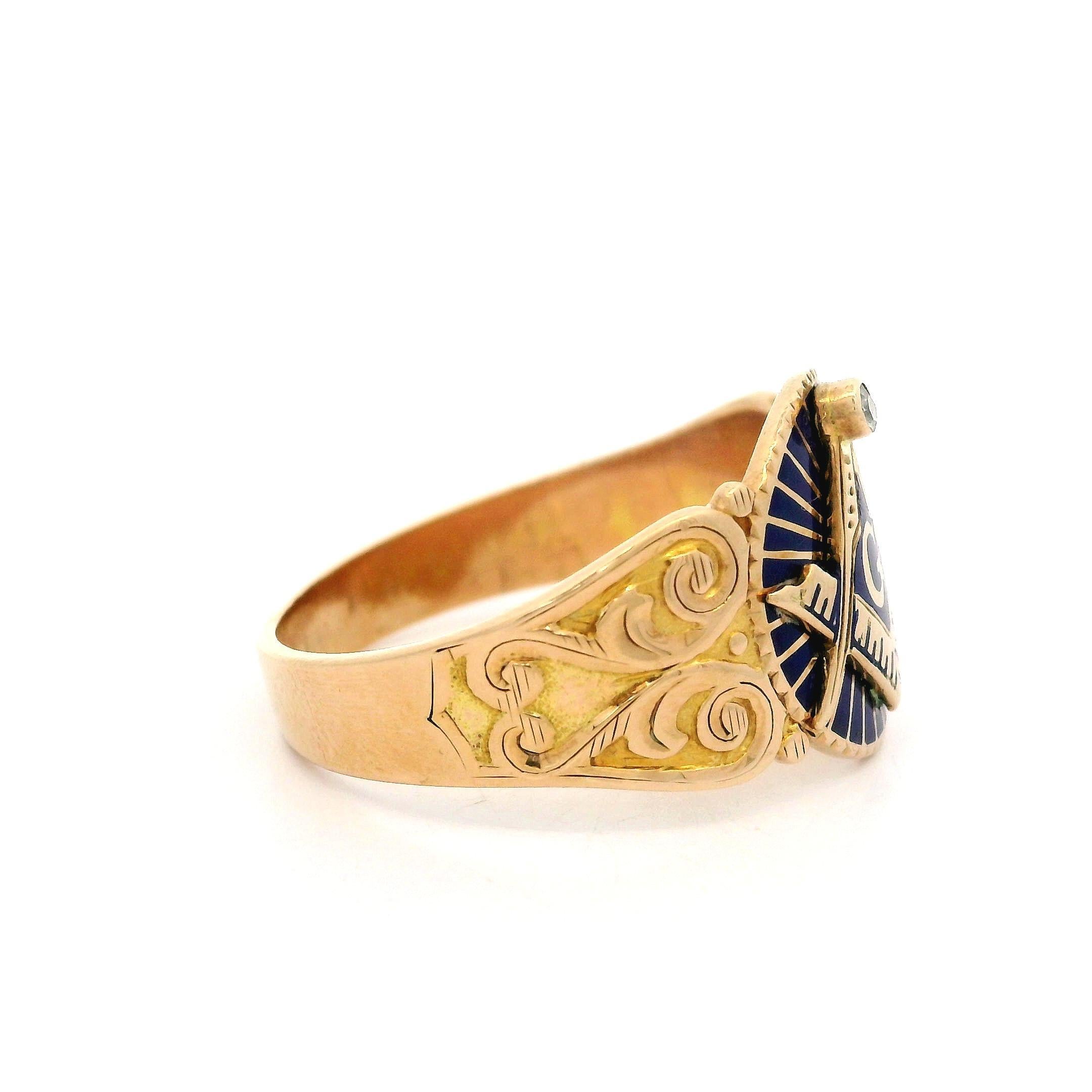Women's or Men's Antique 10k Yellow Gold Diamond Blue Enamel Scroll Work Masonic Low Profile Ring For Sale