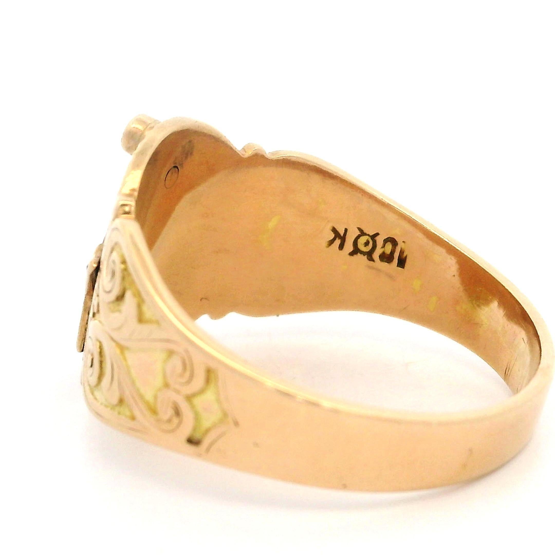 Antique 10k Yellow Gold Diamond Blue Enamel Scroll Work Masonic Low Profile Ring For Sale 2