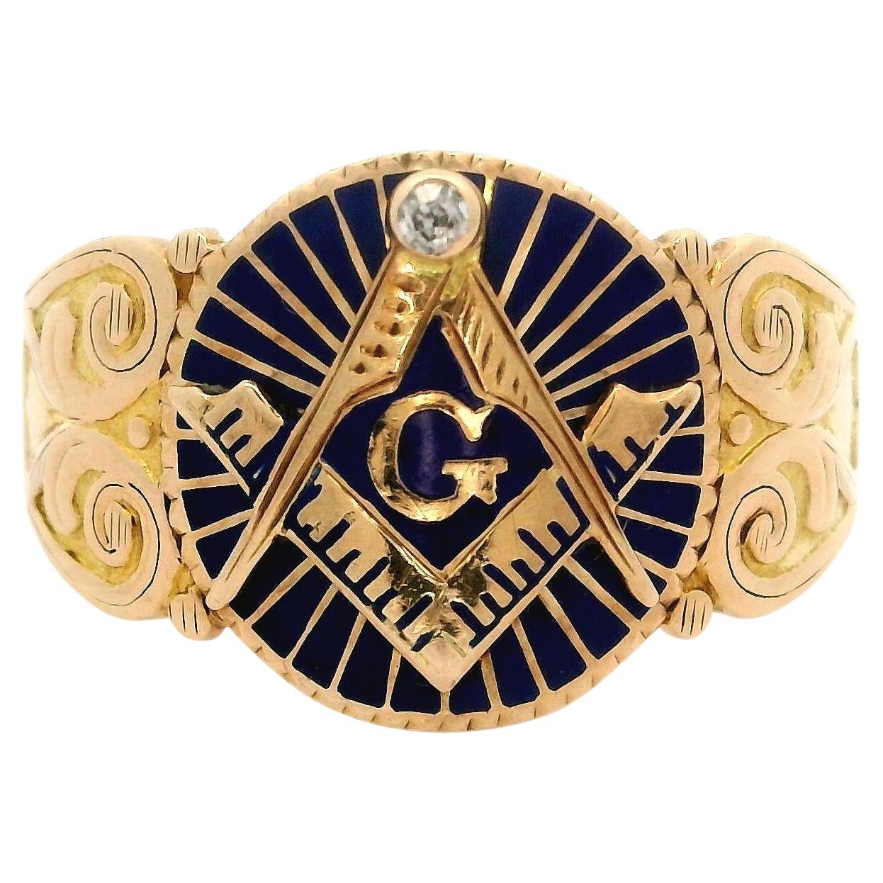 Antique 10k Yellow Gold Diamond Blue Enamel Scroll Work Masonic Low Profile Ring For Sale