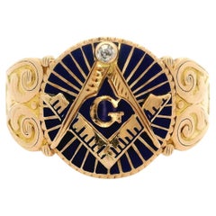 Antique 10k Yellow Gold Diamond Blue Enamel Scroll Work Masonic Low Profile Ring
