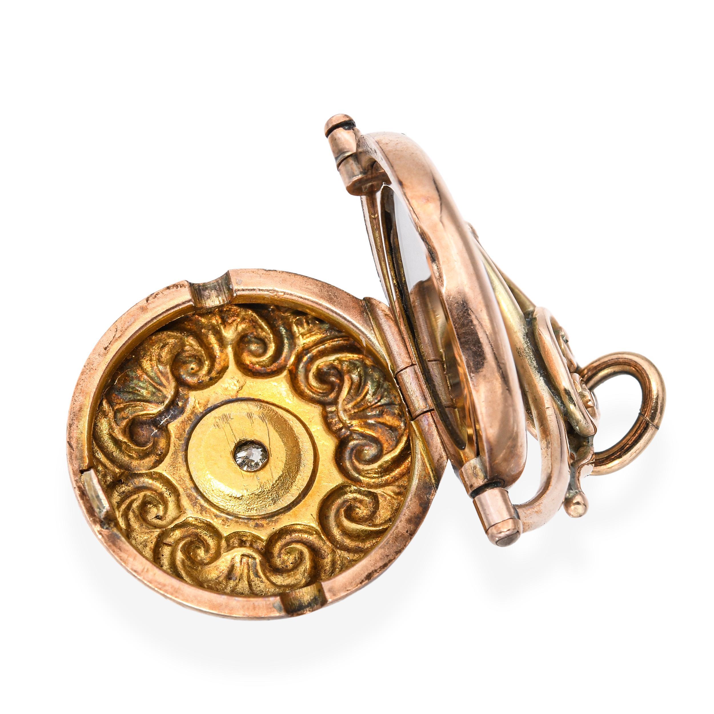 Antique 10k Rose Gold Diamond Locket Engraved Pendant For Sale at 1stDibs
