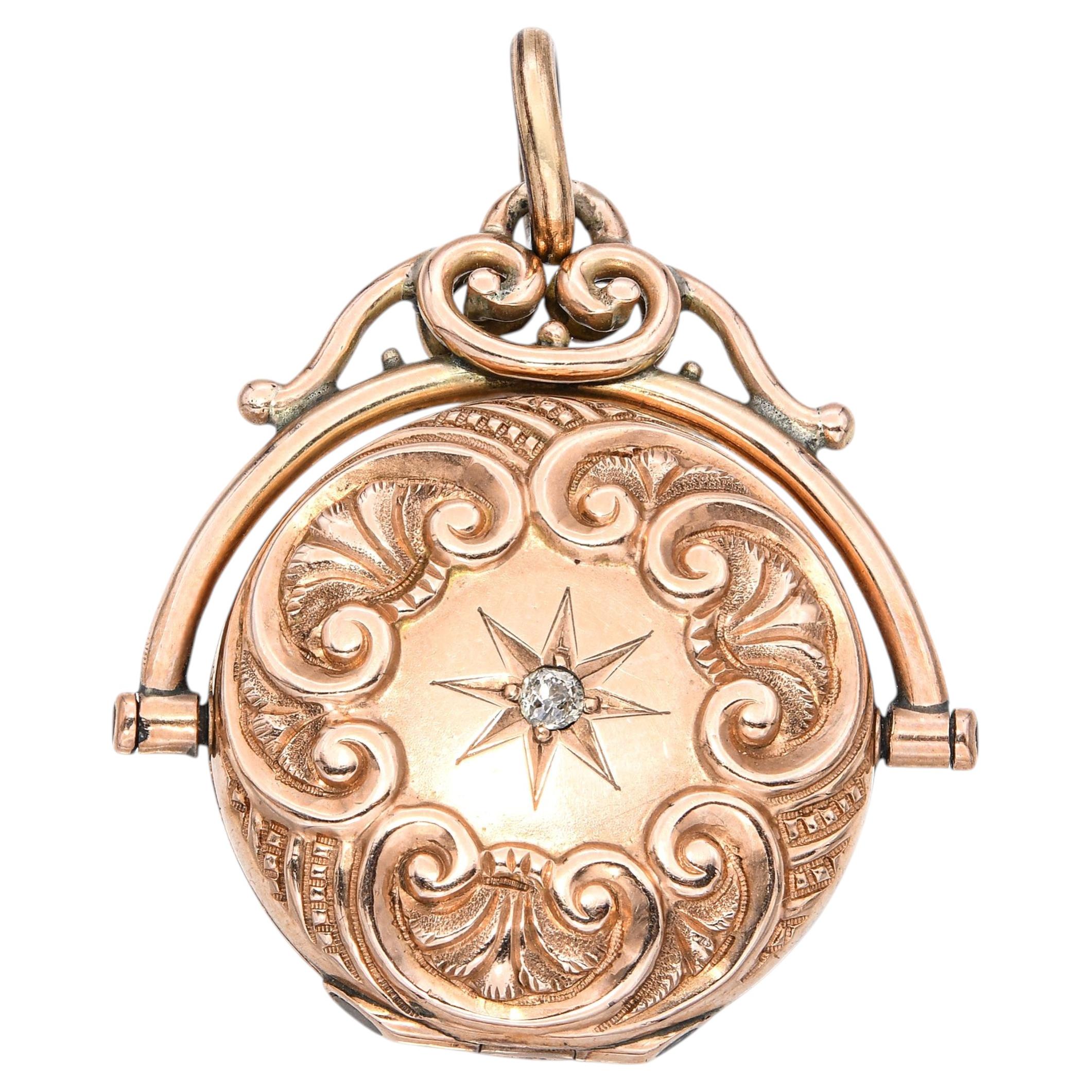 Antique 10k Rose Gold Diamond Locket Engraved Pendant