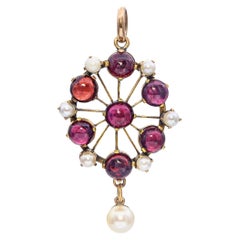Antique 10k Yellow Gold Garnet and Pearl Pendant