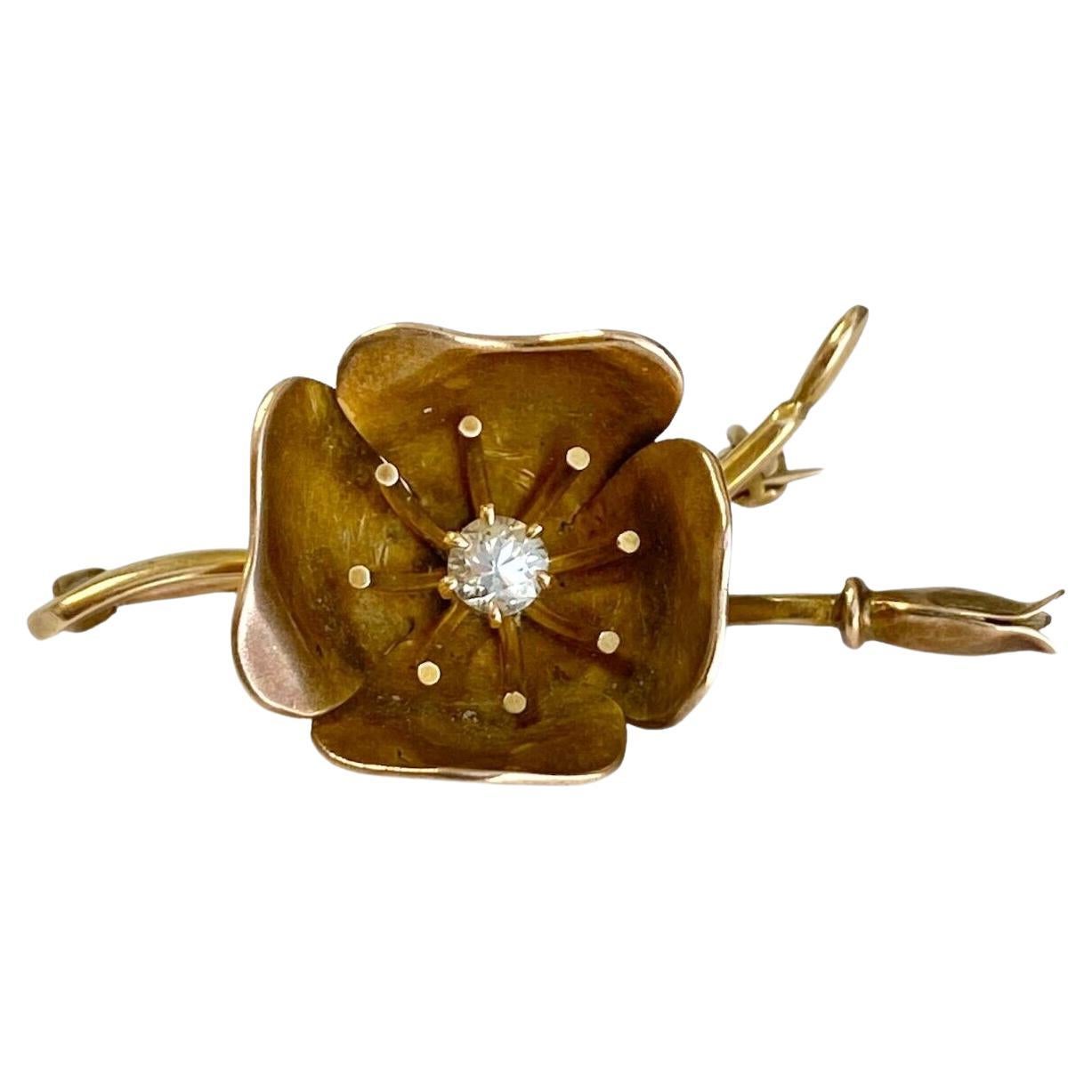 ANTIQUE or jaune 10K  GH VS DIAMOND FLOWER BROOCH / PIN 5,61GR en vente