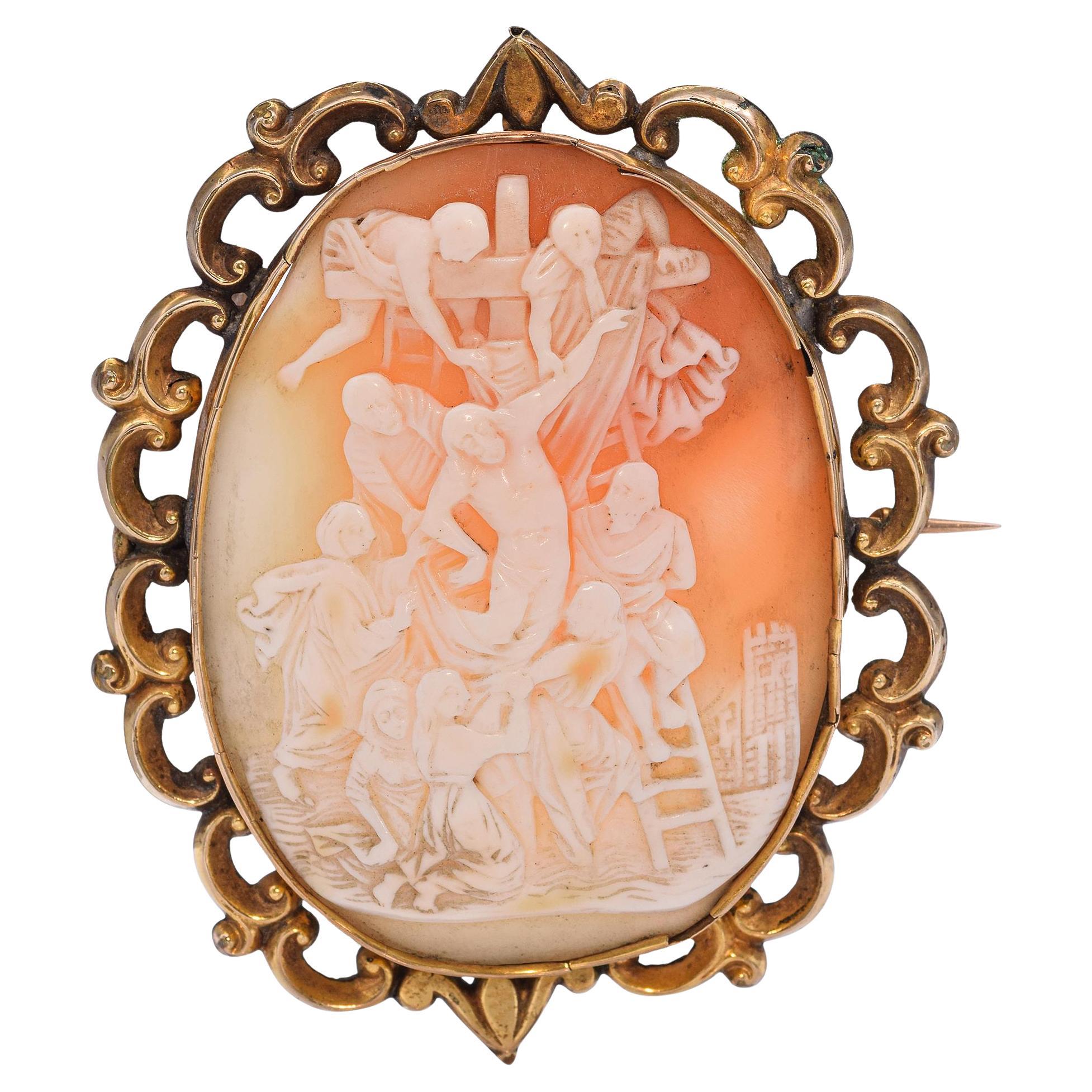 Antique 10k Yellow Gold Hoisting of Jesus Cameo Brooch