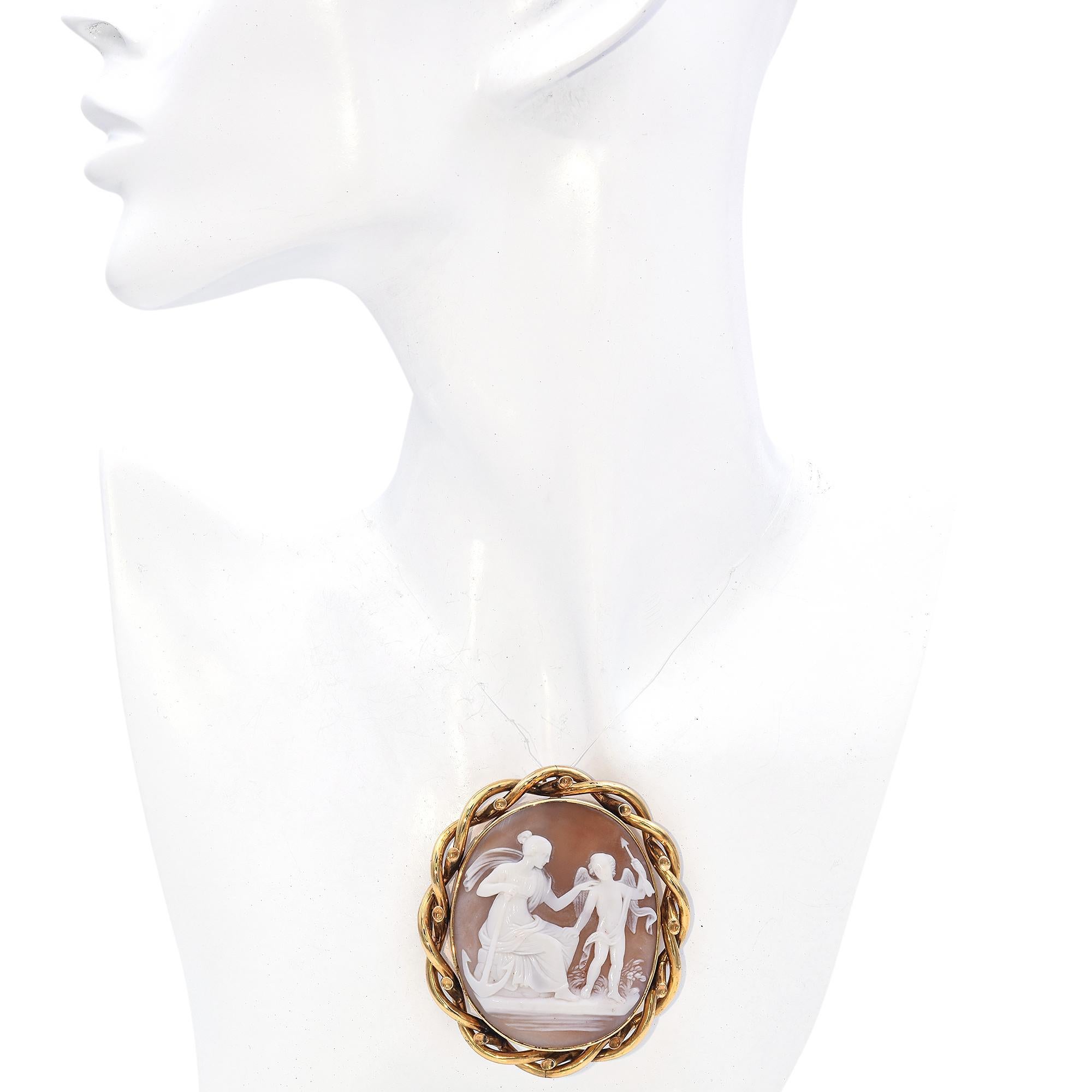 Antique 10K Yellow Gold Loyalty Shell Cameo Brooch In Good Condition For Sale In New York, NY