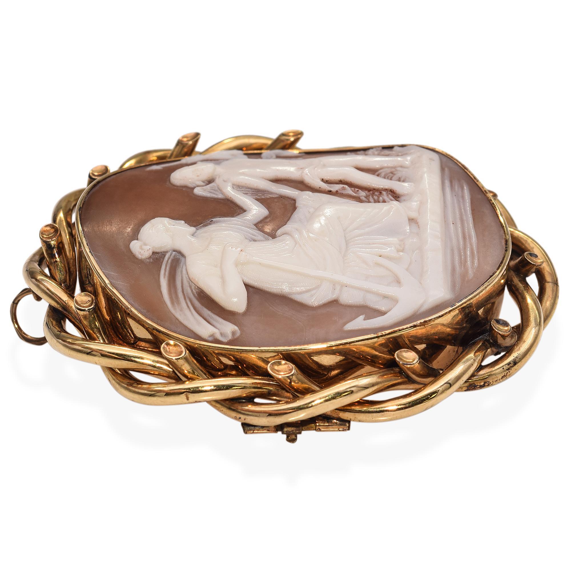 Women's Antique 10K Yellow Gold Loyalty Shell Cameo Brooch For Sale
