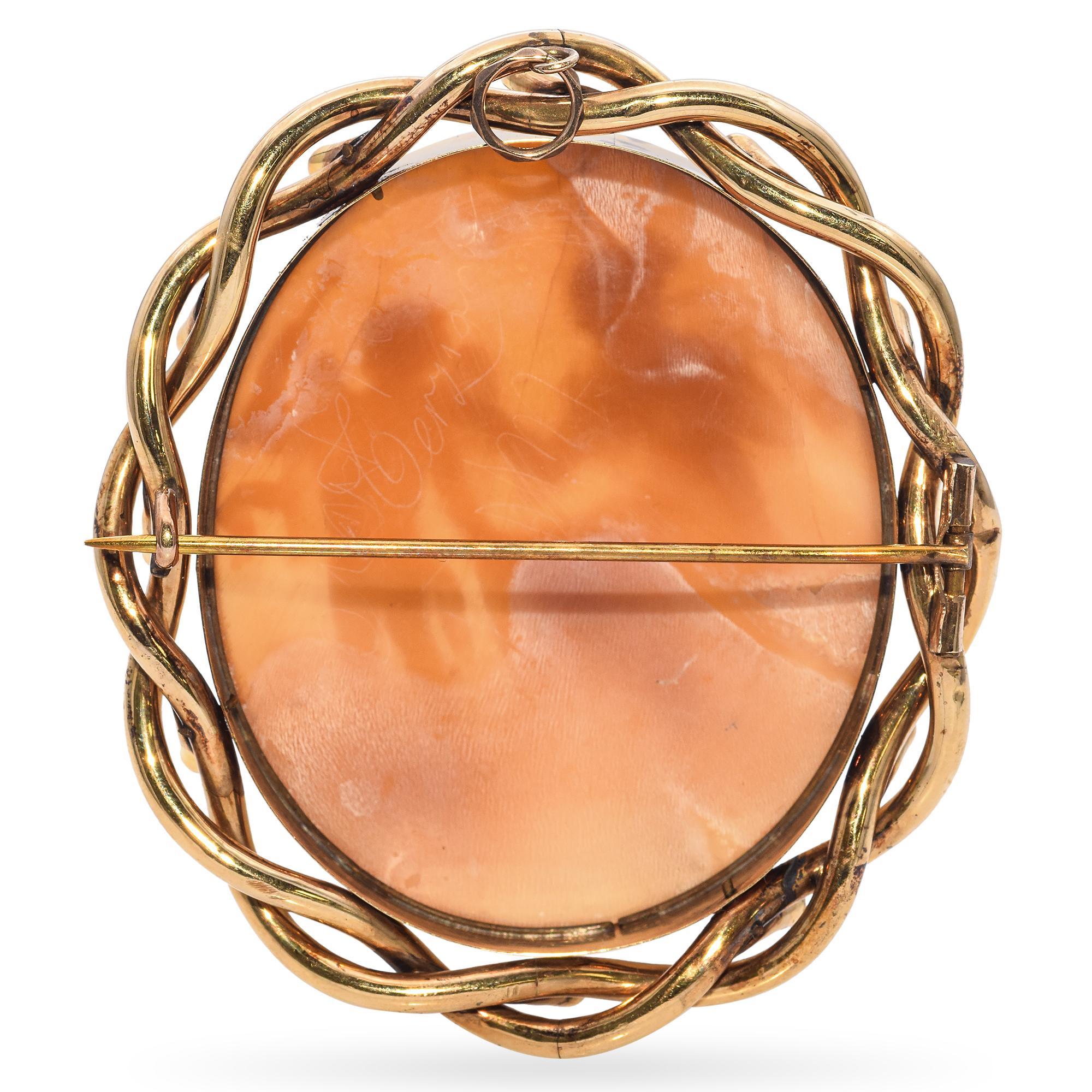 Antique 10K Yellow Gold Loyalty Shell Cameo Brooch For Sale 2