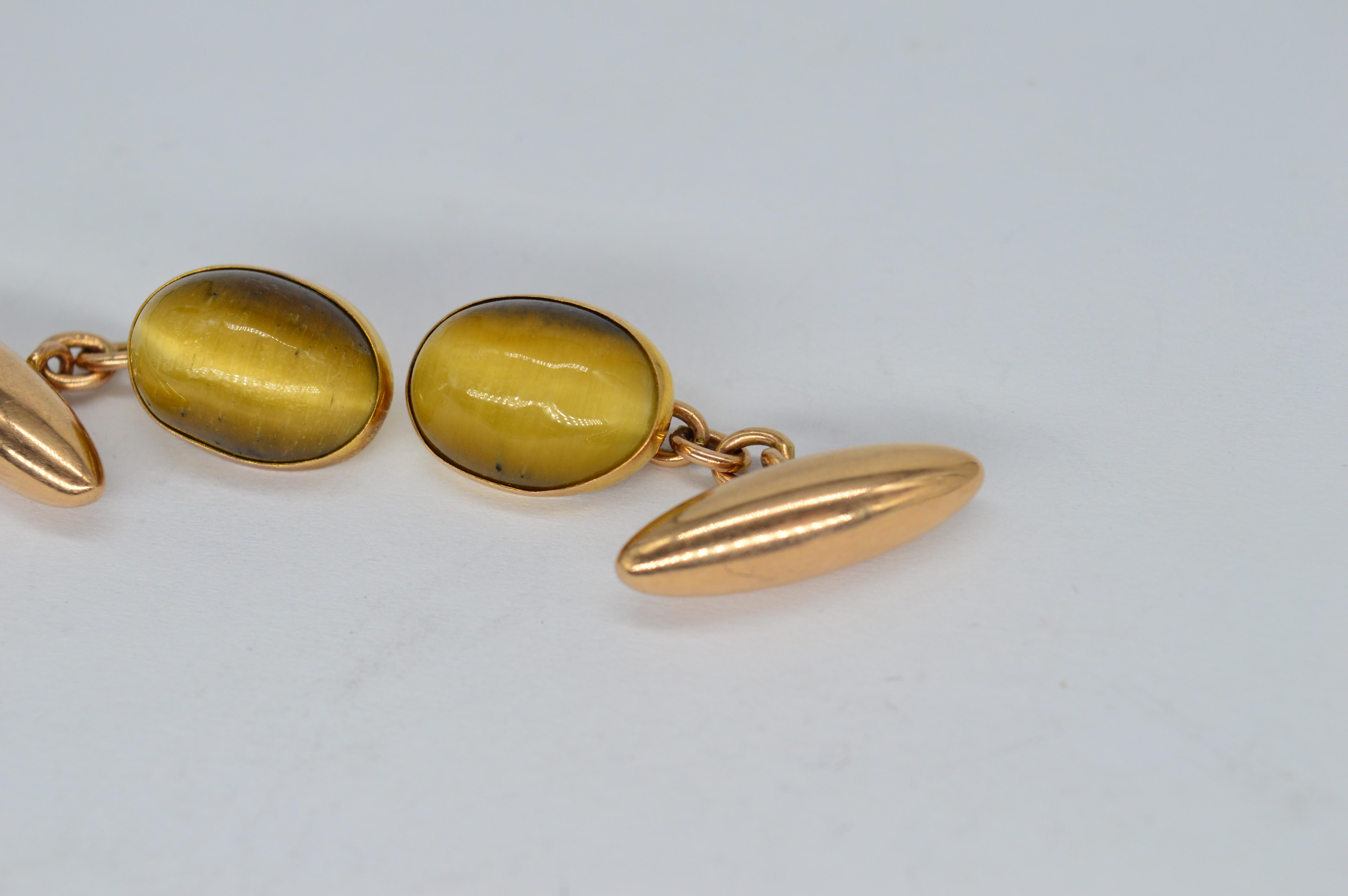 Artisan Antique 10K Yellow Gold Tigers Eye Art Deco Statement Present Classic Cufflinks For Sale