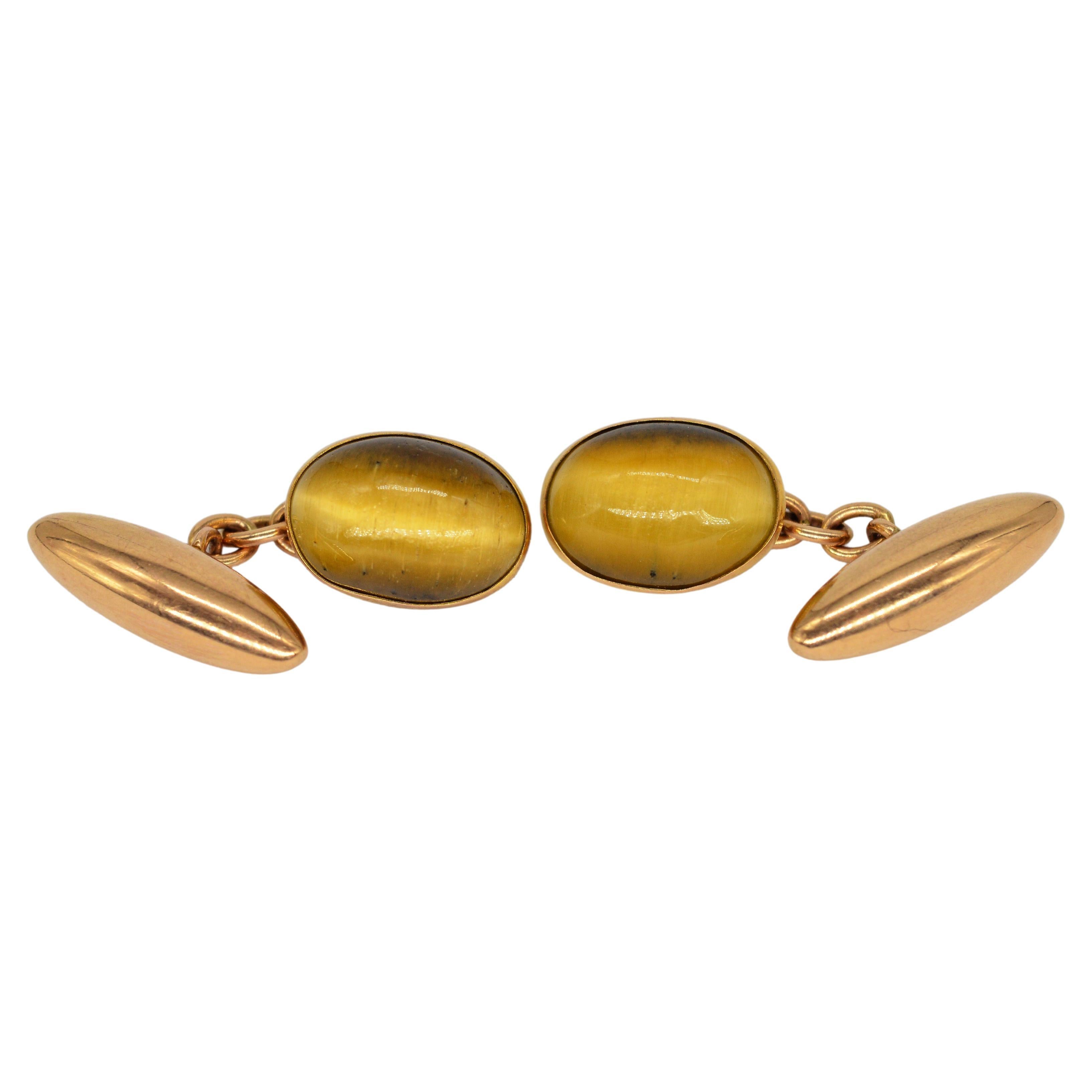 Antique 10K Yellow Gold Tigers Eye Art Deco Statement Present Classic Cufflinks For Sale