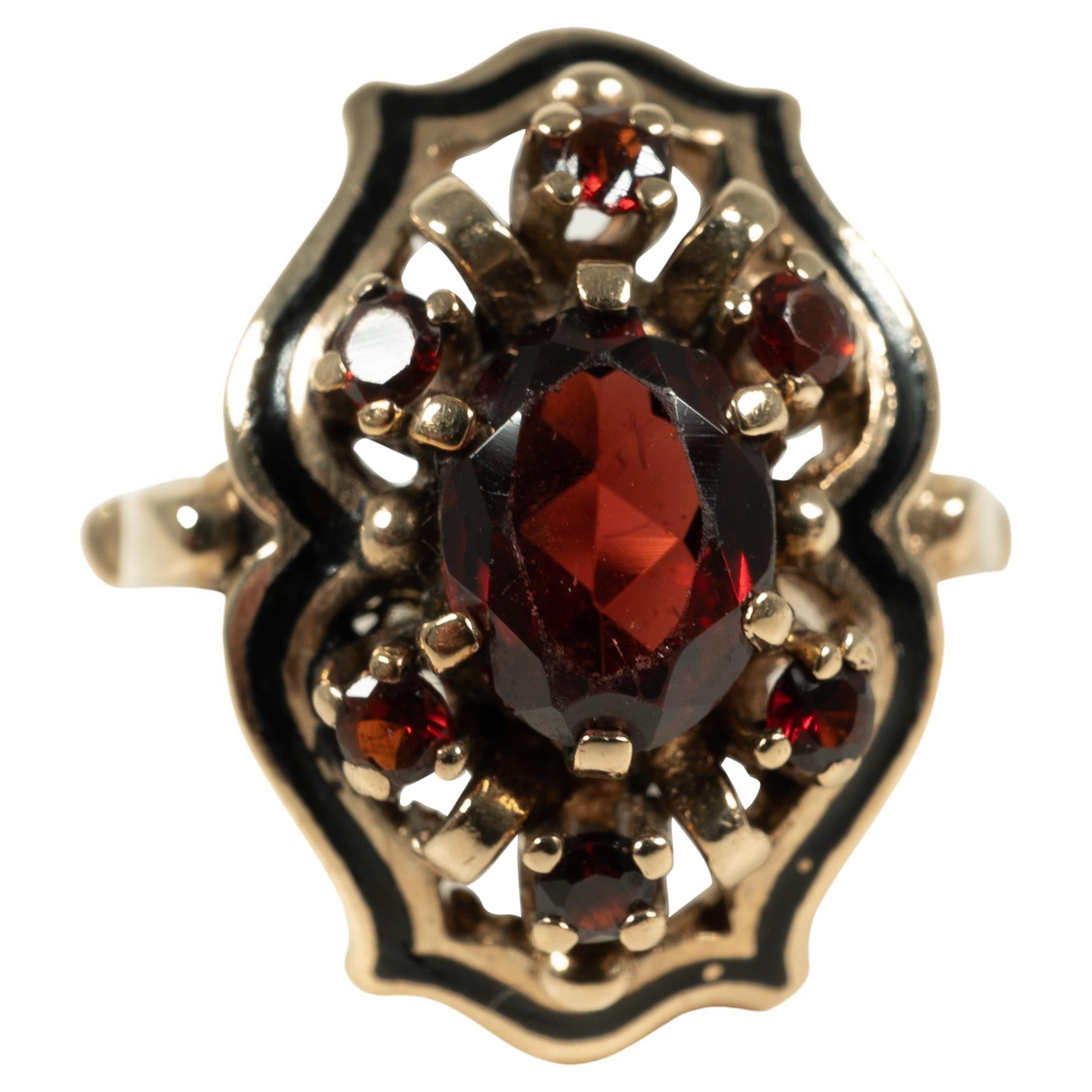 Antique 10kt Yellow Gold Garnet Enamel Cocktail Ring, Circa 1940 For Sale