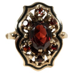 Antique 10kt Yellow Gold Garnet Enamel Cocktail Ring, Circa 1940