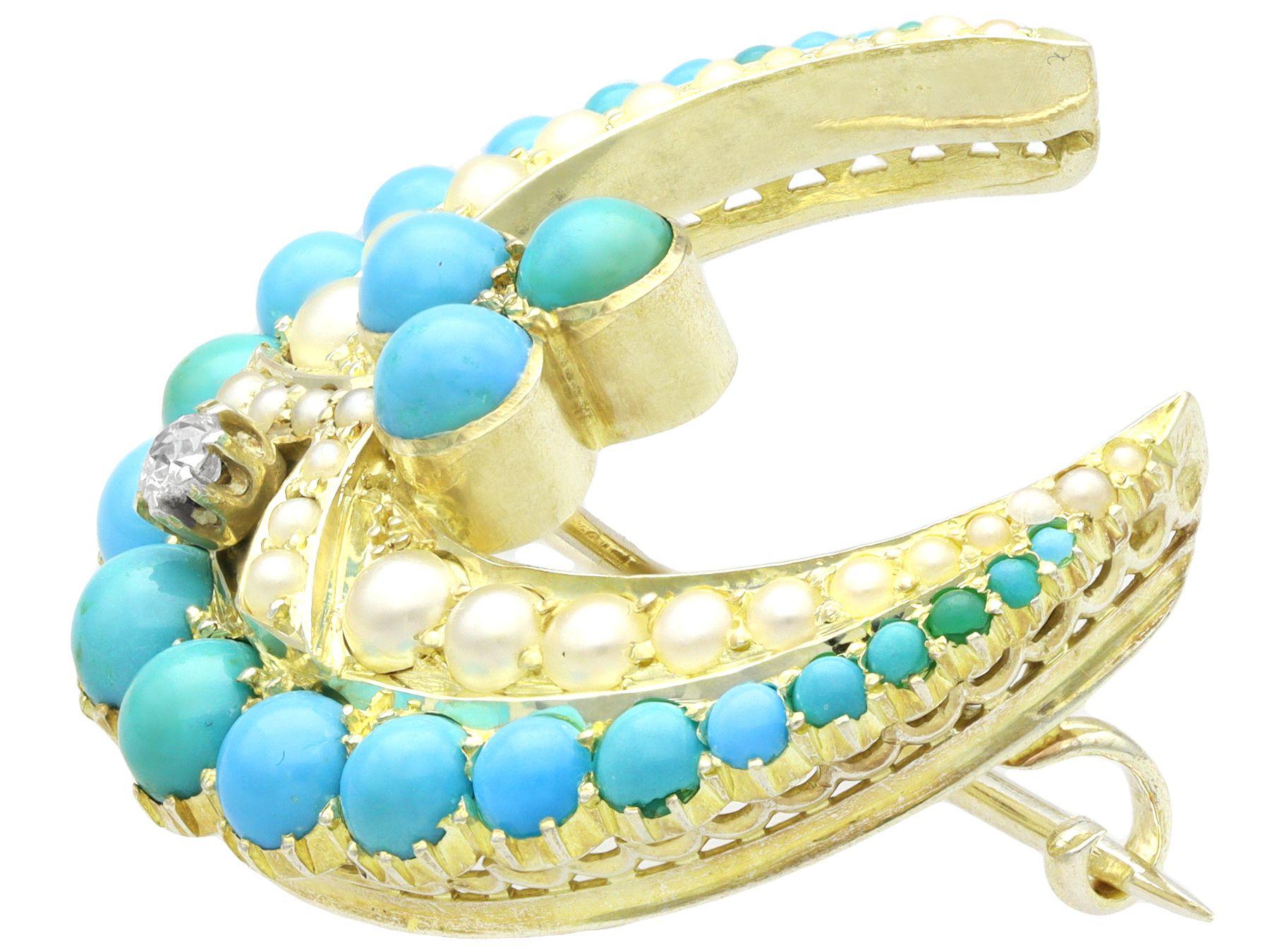 Cabochon Antique 1.10 Carat Diamond 1.90 Carat Turquoise and Pearl Yellow Gold Brooch For Sale