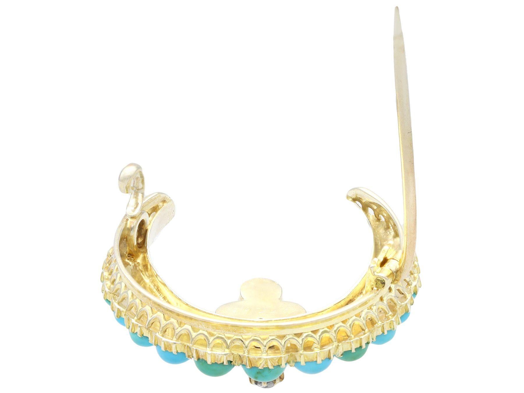 Women's or Men's Antique 1.10 Carat Diamond 1.90 Carat Turquoise and Pearl Yellow Gold Brooch For Sale