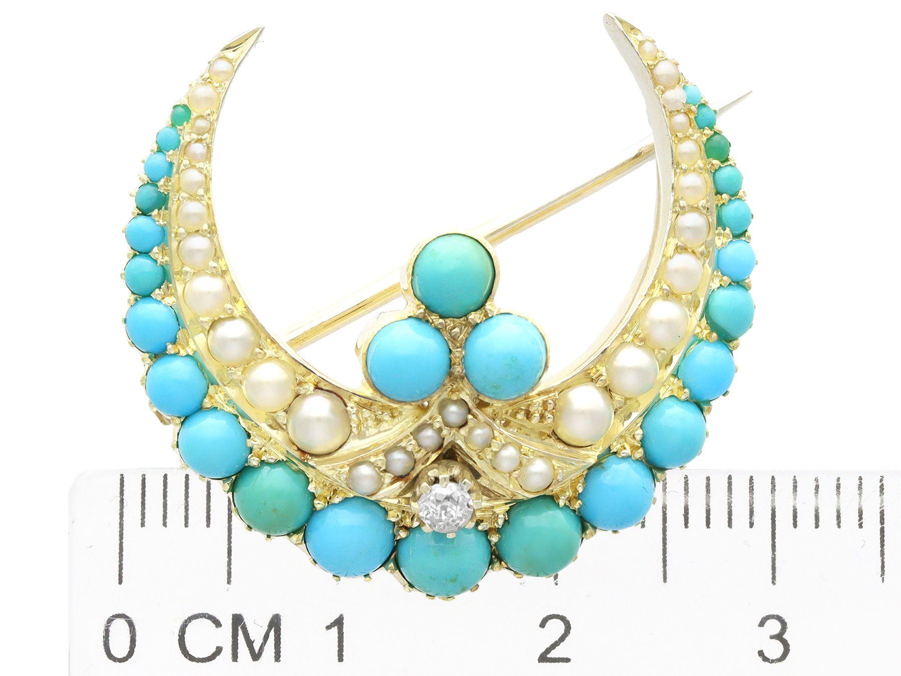 Antique 1.10 Carat Diamond 1.90 Carat Turquoise and Pearl Yellow Gold Brooch For Sale 2