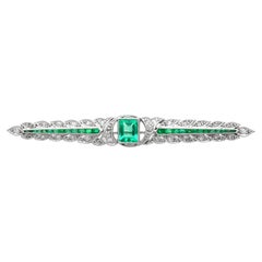 Antique 1.10 Carat Emerald and 0.28 Carat Diamond Platinum Bar Brooch Circa 1920