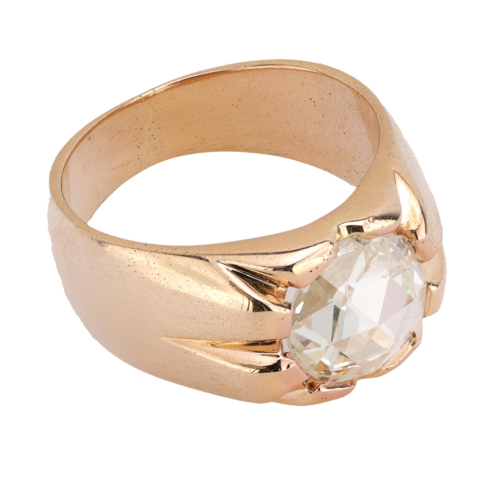 Anillo antiguo de oro rosa de 14k con diamante talla rosa de 1,10 quilates en Excelente Estado en Beverly Hills, CA