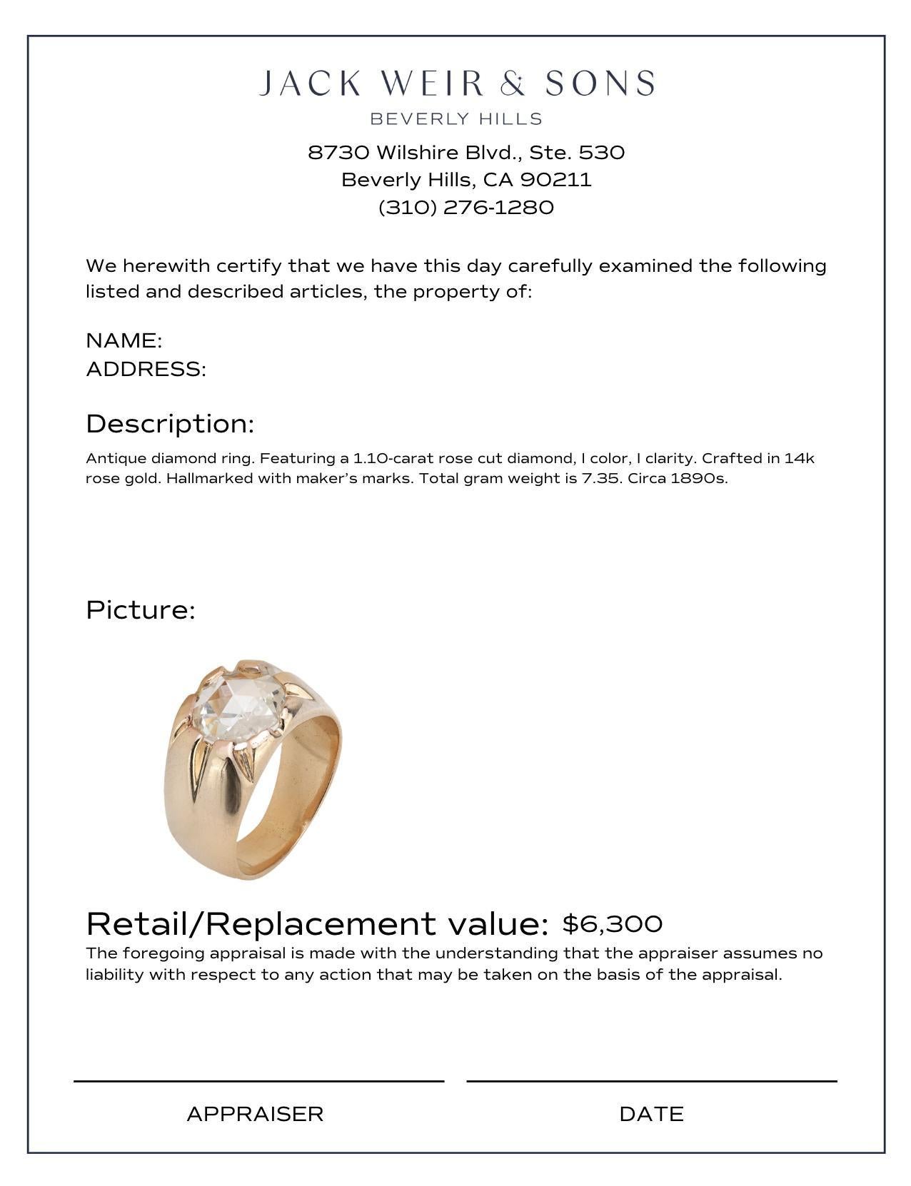 Femenino o masculino Anillo antiguo de oro rosa de 14k con diamante talla rosa de 1,10 quilates