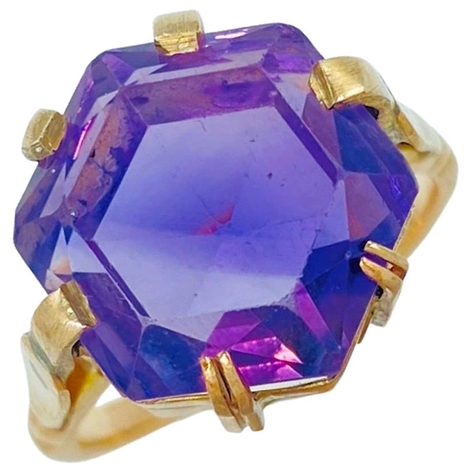 Antique 11.07 Carat Octagon Single Cut Amethyst Cocktail Ring 9k For Sale