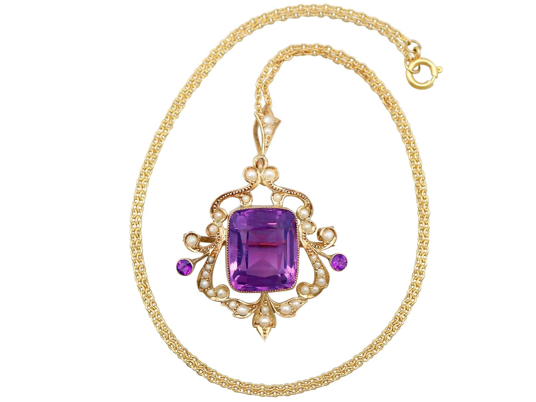 A stunning, fine and impressive antique 11.09 carat amethyst (total) and seed pearl, 9 karat yellow gold pendant / brooch; part of our antique jewelry and estate jewelry collections.

This stunning, fine and impressive antique pendant has been