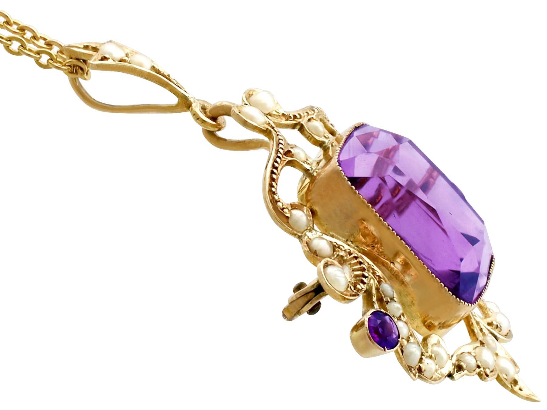 Cushion Cut Antique 11.09 Carat Amethyst and Pearl Yellow Gold Pendant For Sale